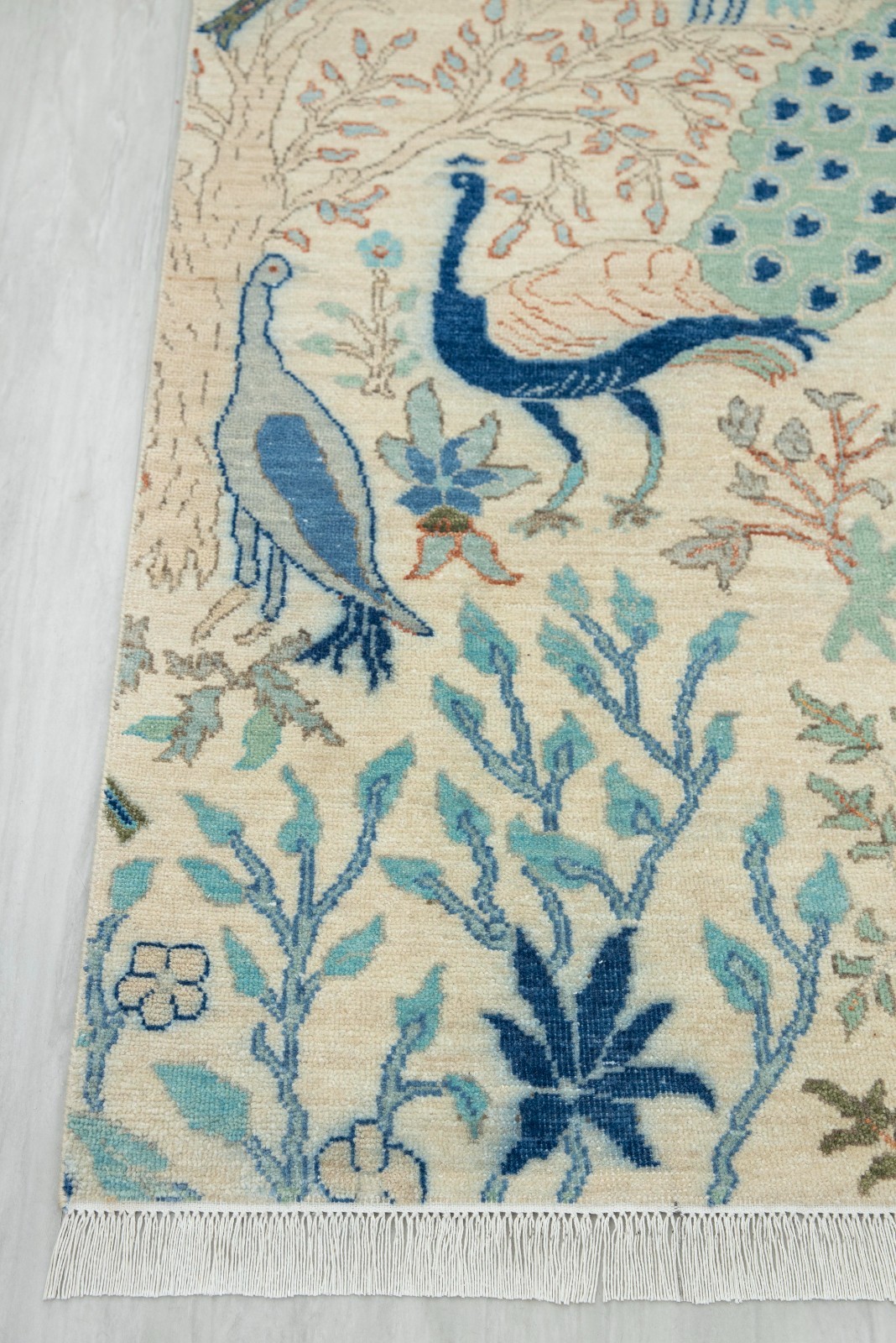 2.6×8 Ft Ivory Birds Garden View Pure Wool Handmade Runner Rug / Kitchen Rug