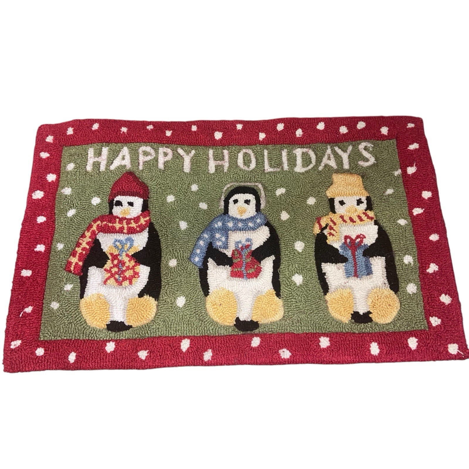 Vintage Hooked Rug Holiday Decor Christmas Penguins Handmade Accent Rug 29”X18”