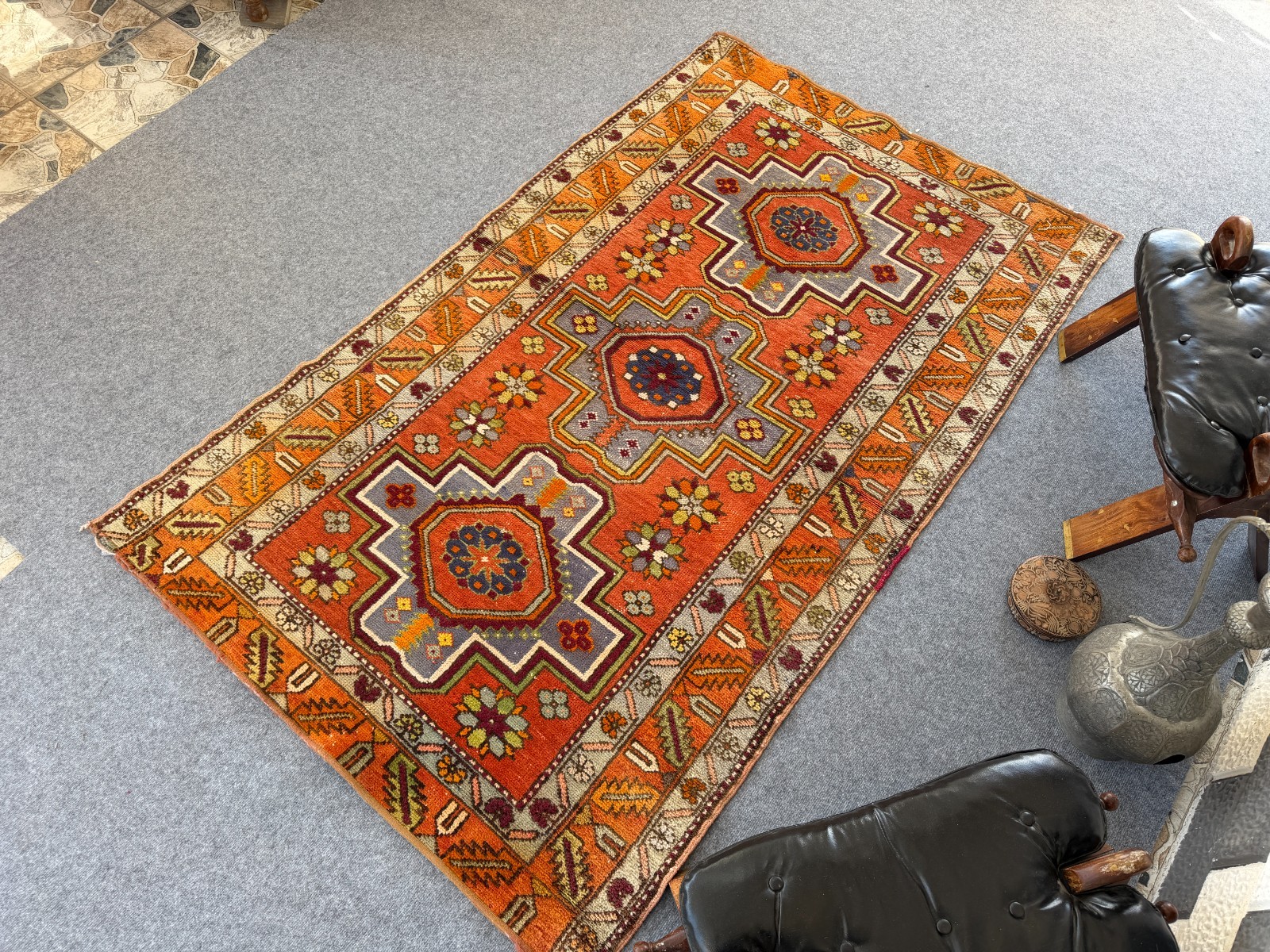 Vintage Caucasian Rug 4×7 Handmade Wool Rug Geometric Tribal Medallion Kazak Rug