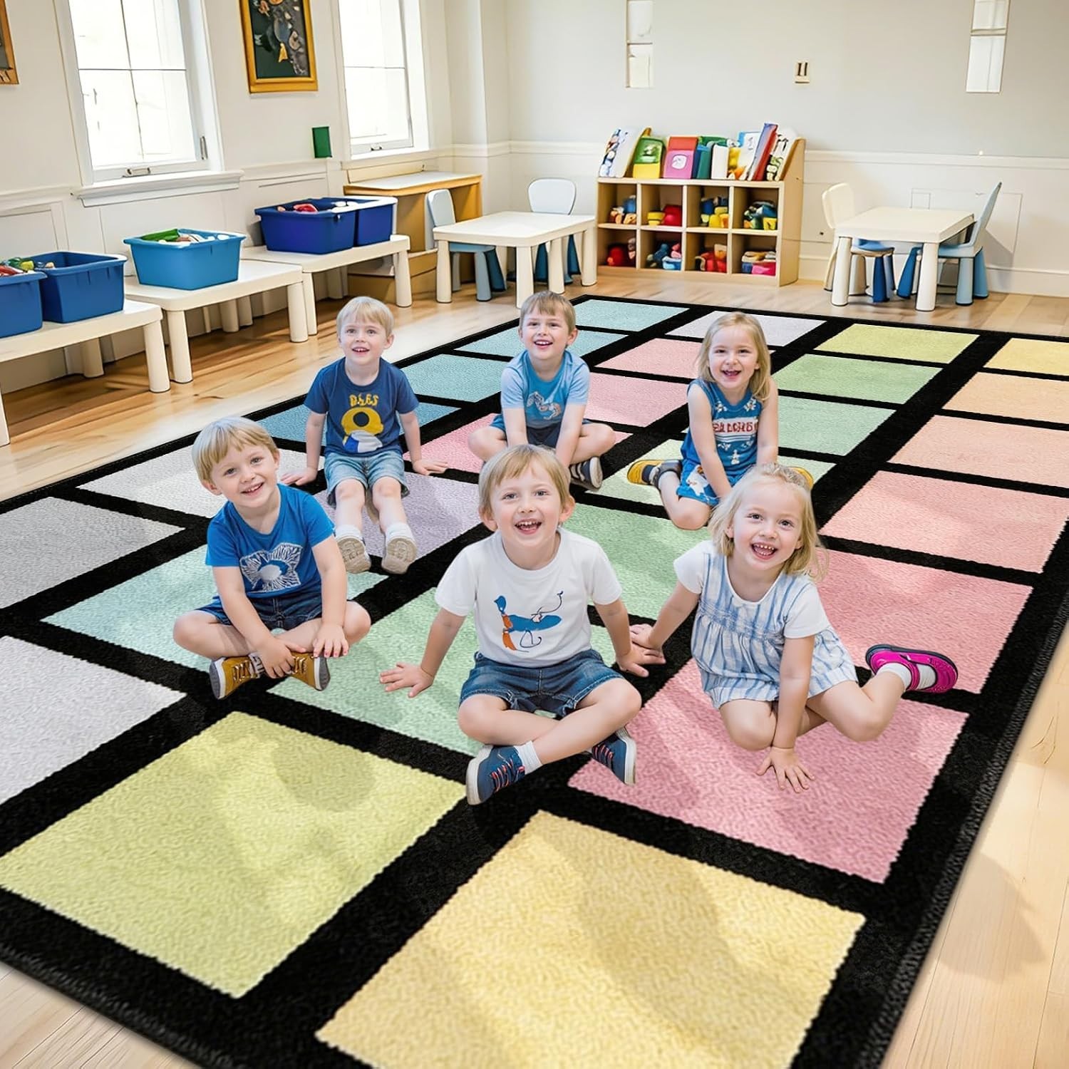 7.6×12 ft Large Pastel Color Squares Classroom Rug Colorful Educational Area Mat