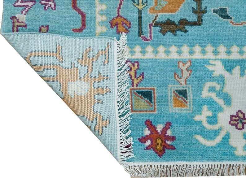 Hand Knotted Oushak Wool Rug | Aqua Blue Multicolor Area Carpet | Traditional