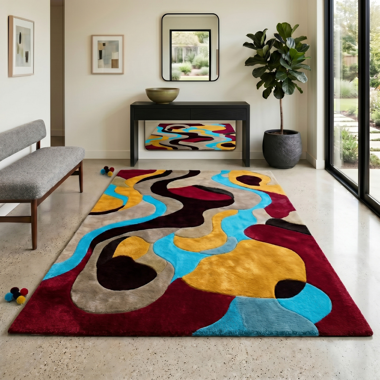 Mid Century Modern Hand Tufted Wool Area Rug Multicolor Abstract Contemporary