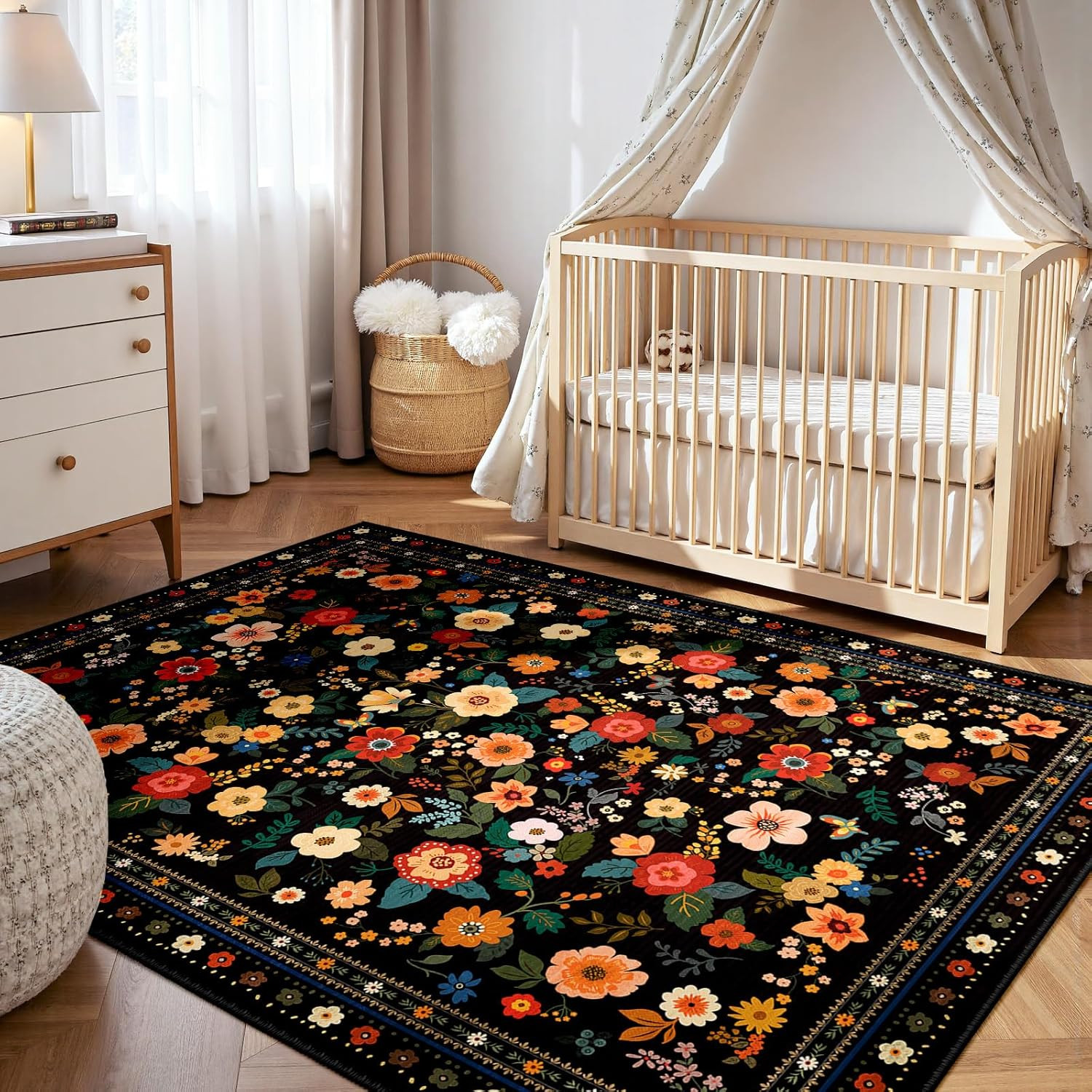 Floral 8×10 Area Rug – Machine Washable, Non-Slip, Vacuum-Friendly, Black