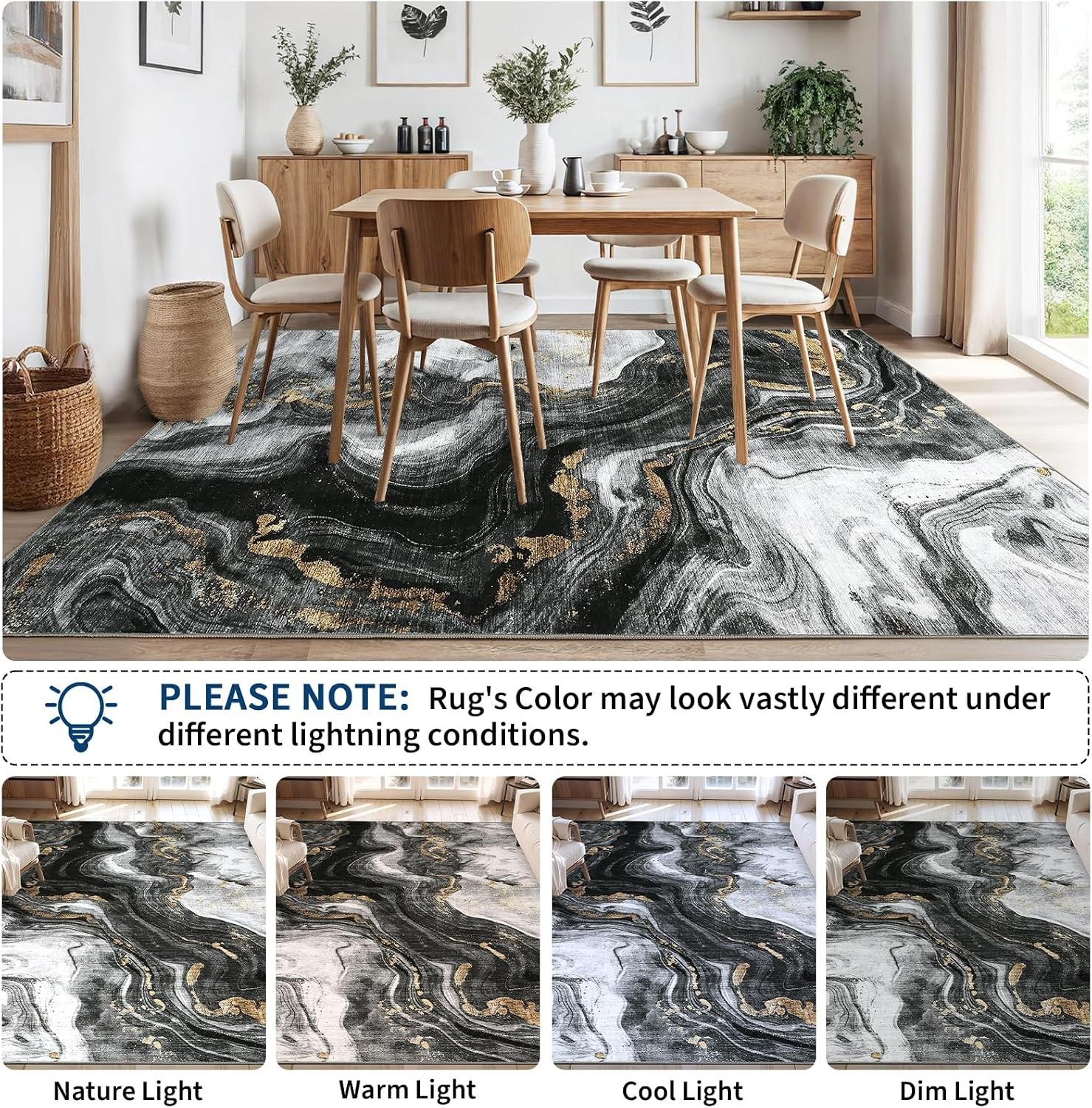 Modern Abstract 8×10 Washable Area Rug Non Slip Living Bedroom Dining Room Black