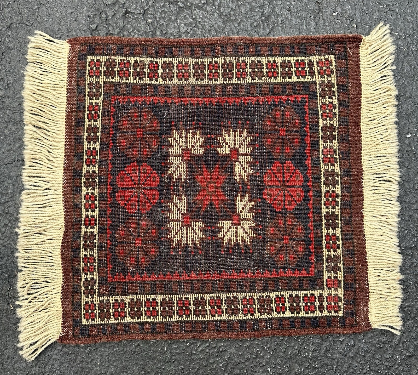 Vintage tribal rug 17 x 20” hand knotted Rectangle Navy Red Beige Brown