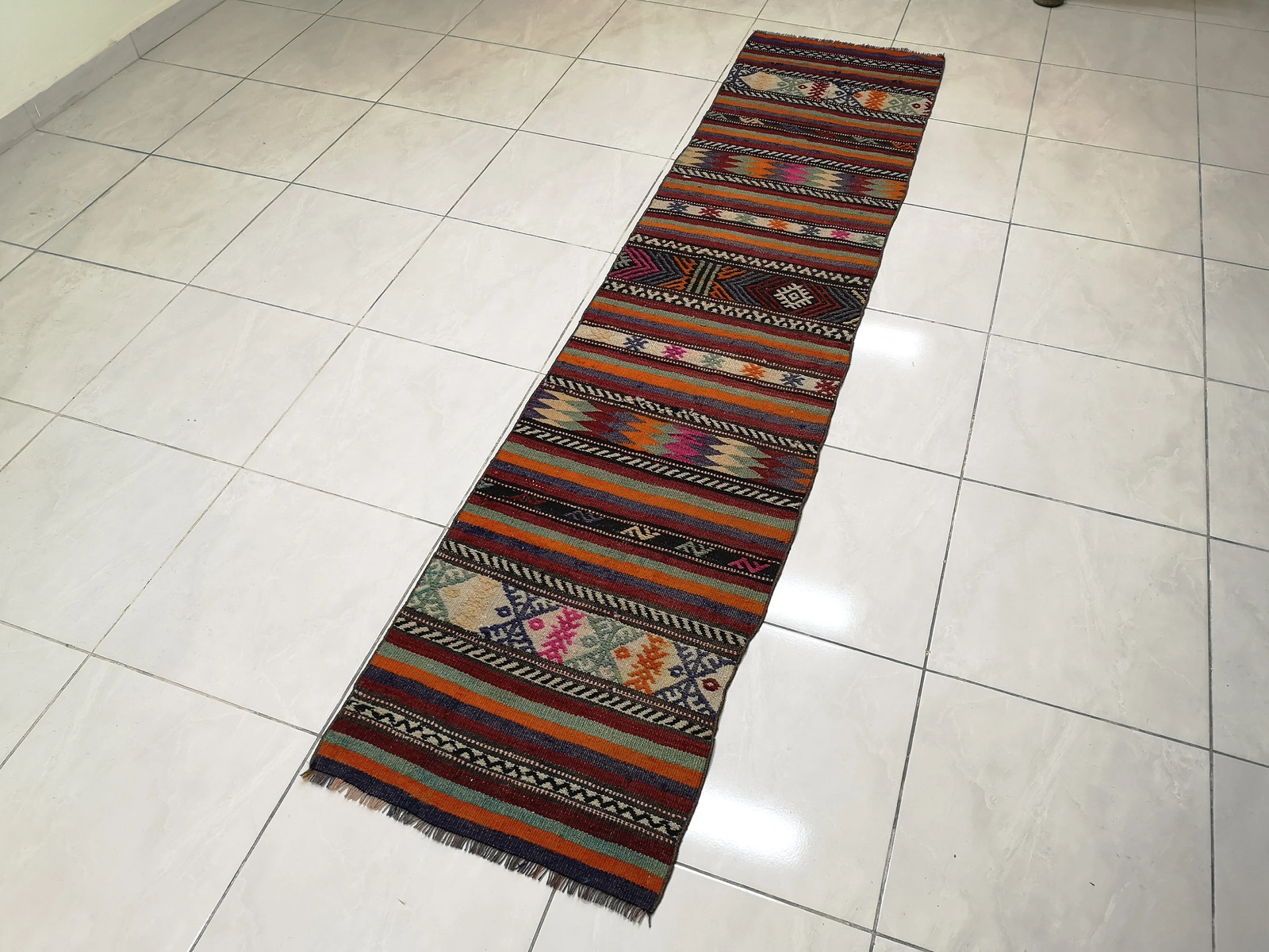 Vintage Turkish Kilim Rug: 2×8.9 ft Wool Runner, Hallway Decor