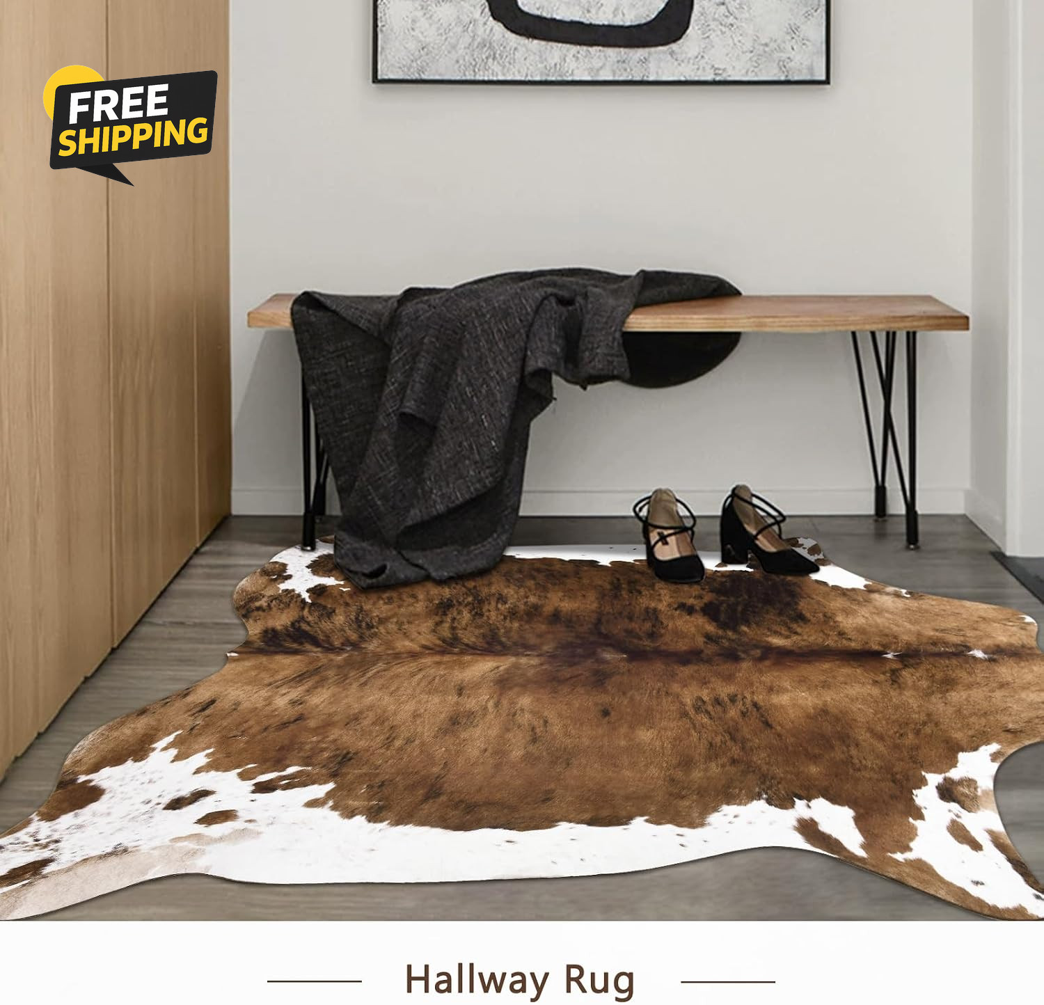 4.6×5.2Ft Faux Cowhide Rug Western Cow Print Area Rug Non Slip Caramel Decor
