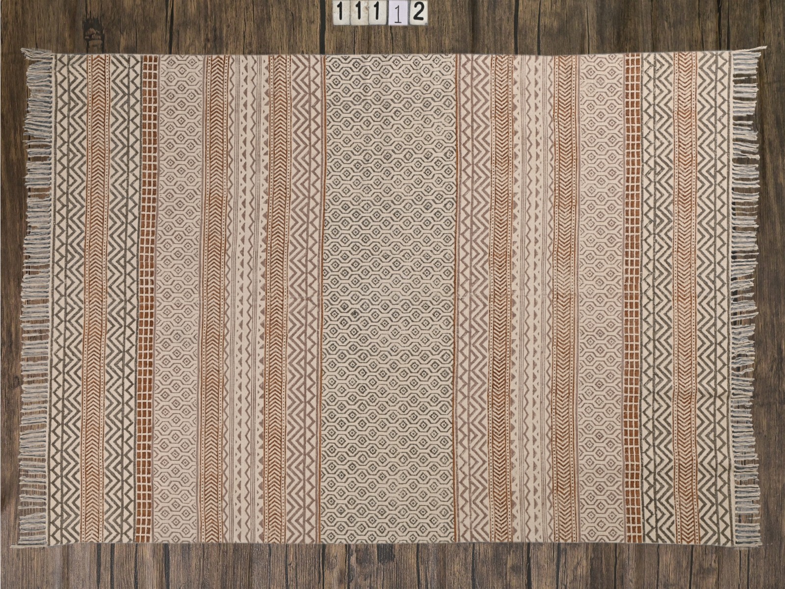 Beige Brown Hand Block Print Cotton Area Rug Boho Farmhouse Carpet Fringe Rug