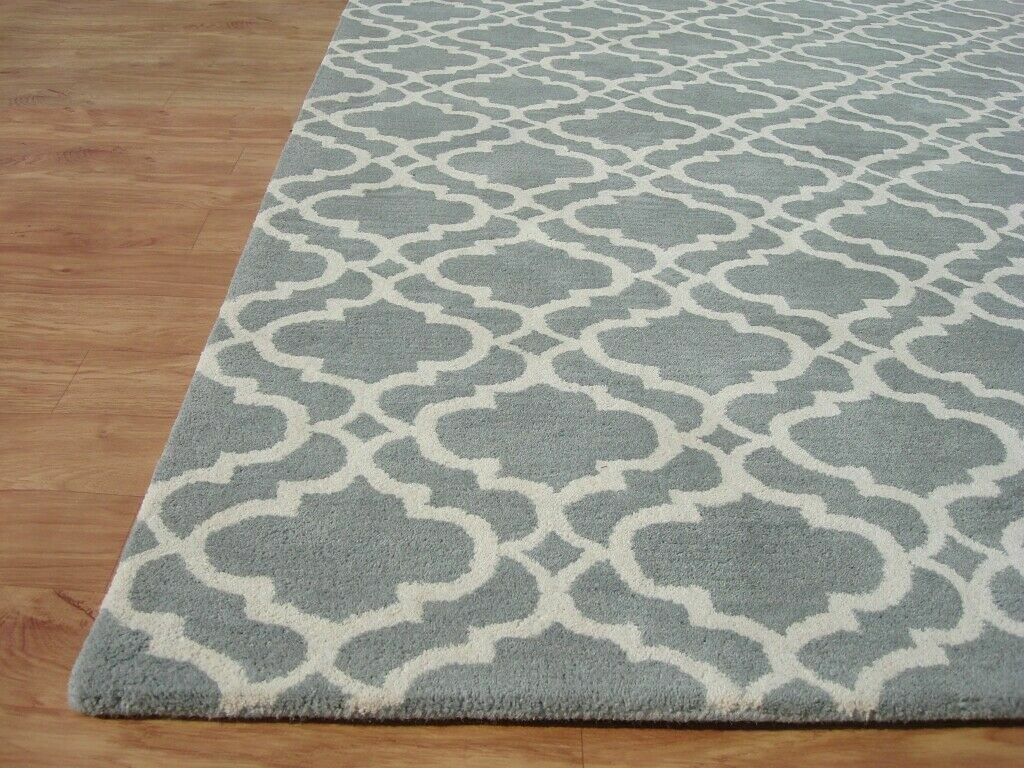 Ryana Scroll Tile Porcelain Blue Modern Hand-Tufted 100% Wool Area Rug Carpet