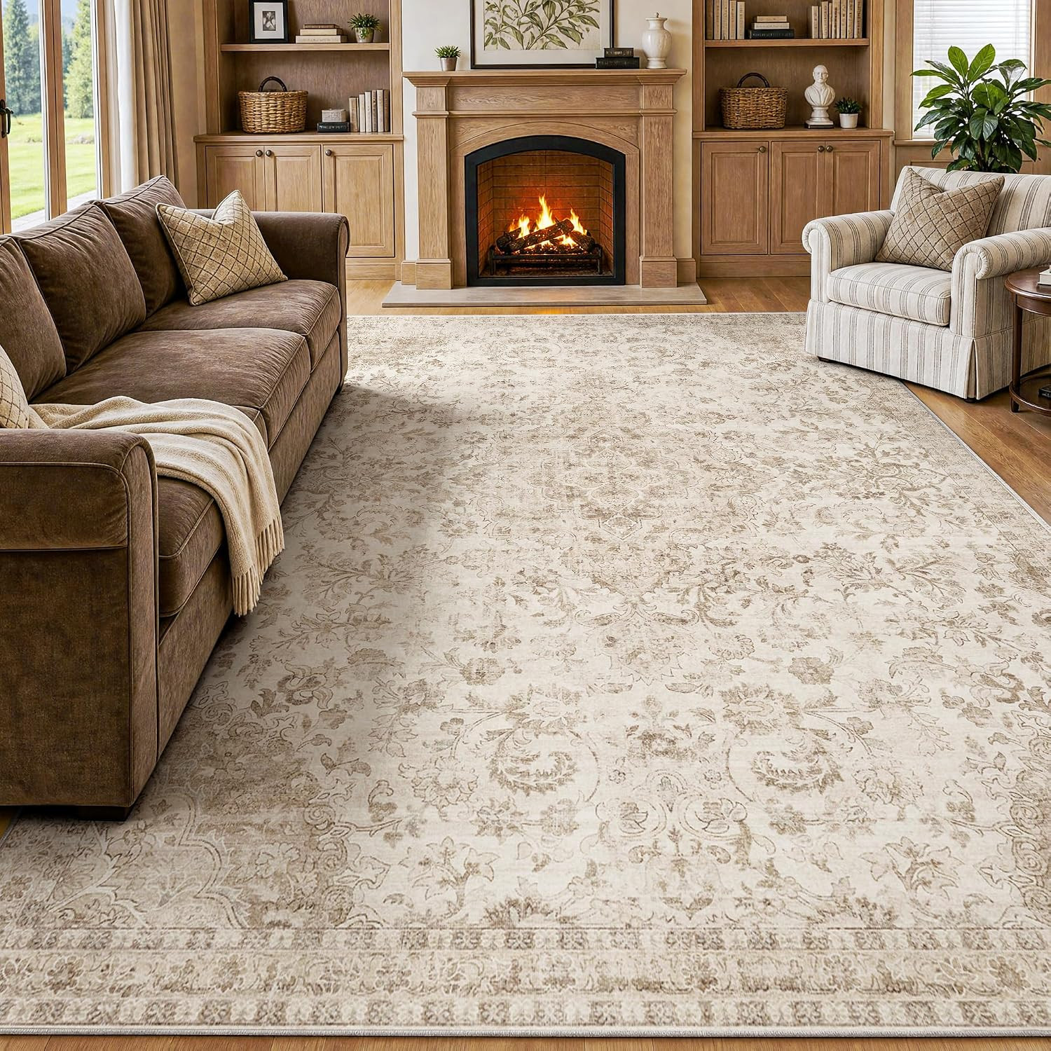 8X10 Washable Beige Neutral Vintage Oriental Area Rug for Bedroom | Cream Low Pi