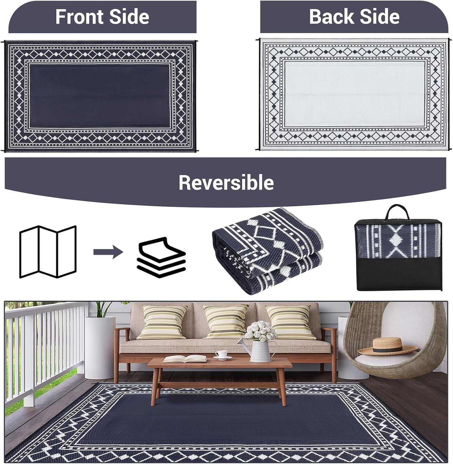 Outdoor rug Reversible patio Plastic Straw mat RV Camping Picnic Balcony Deck
