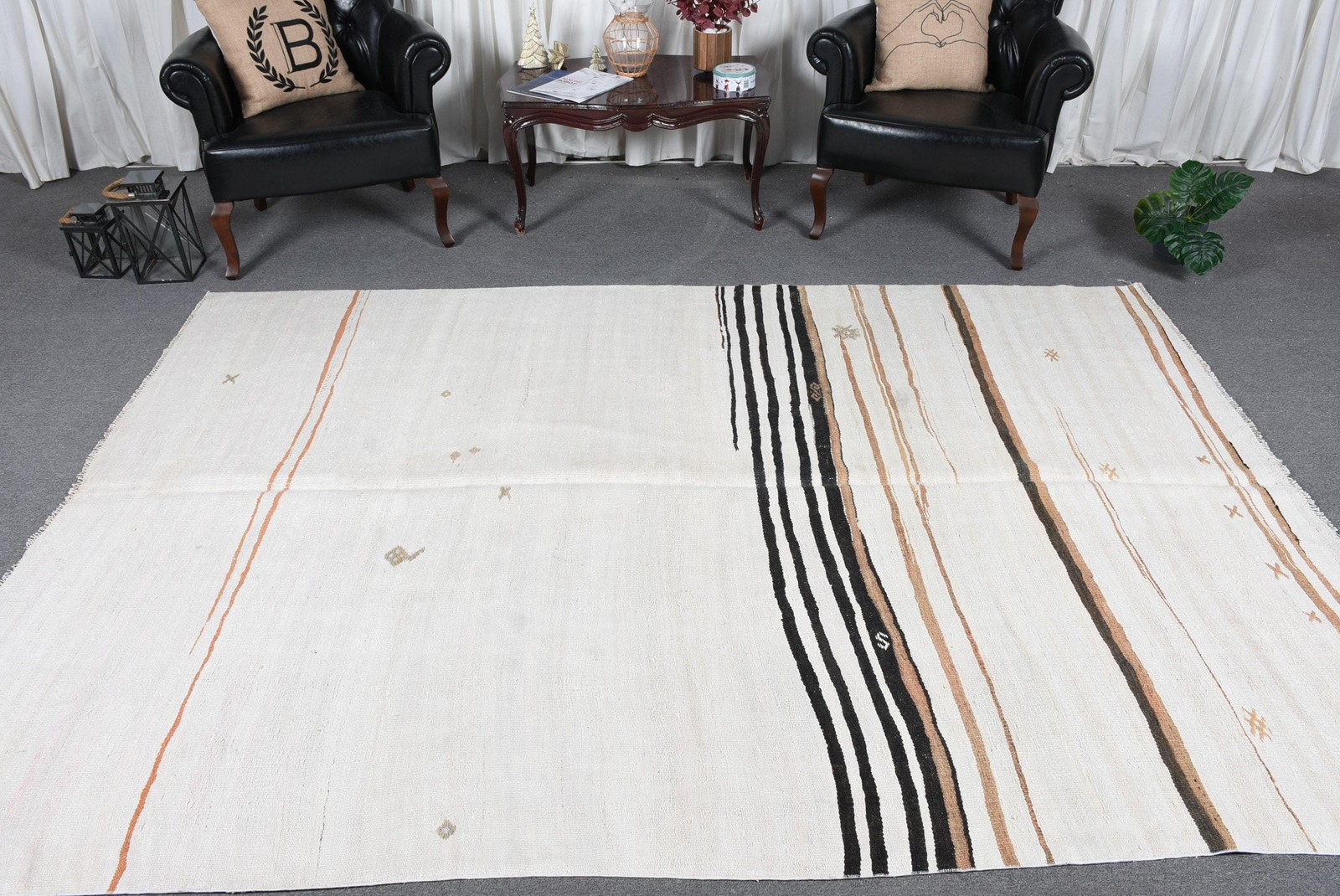 6,5×9,5 ft Turkish Vintage Rug, Large Rug, White Brown Moroccan Wool Rug