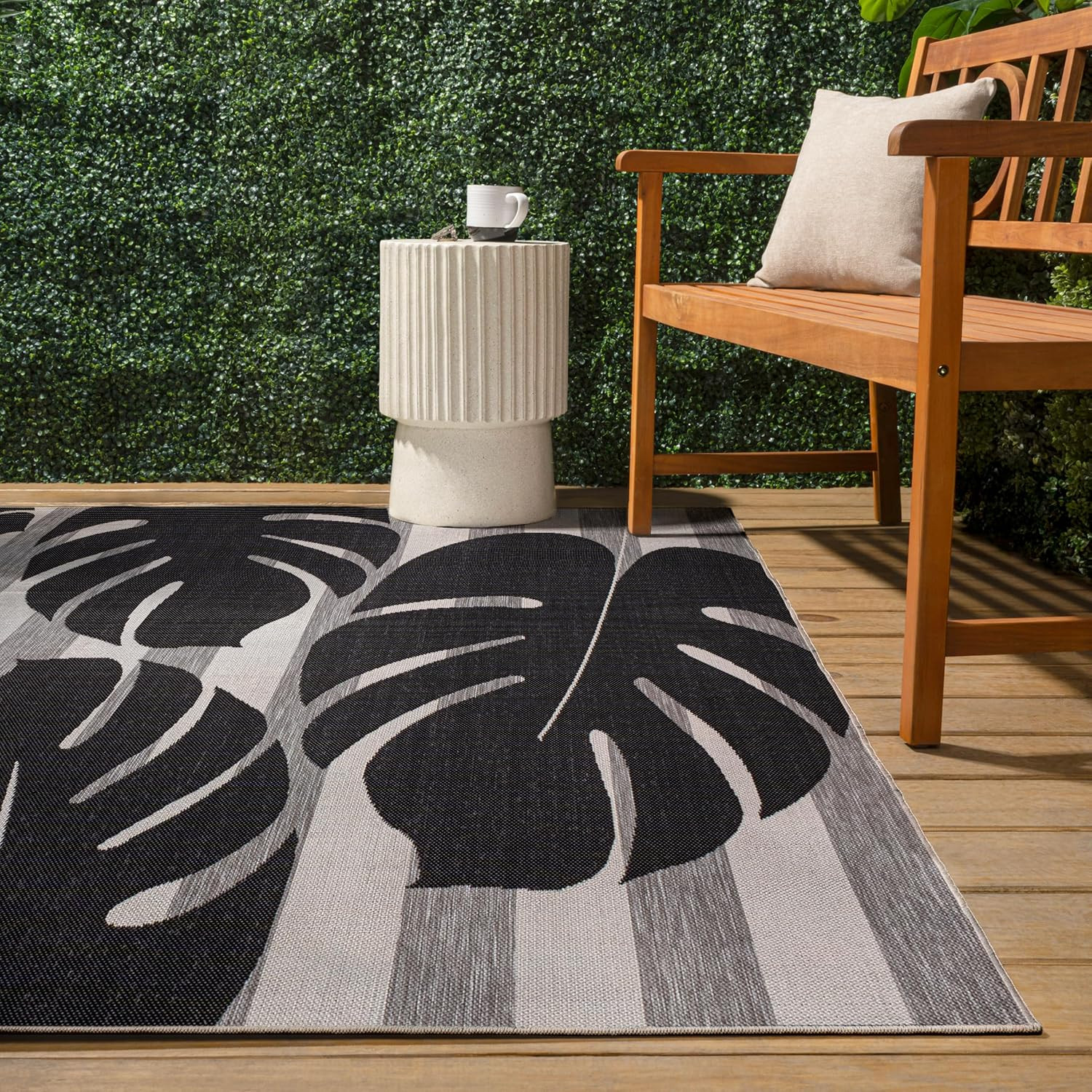 Beach Stripe and Monstera Leaf Indoor Outdoor Area Rug 4X6 Black/Gray, Allison C