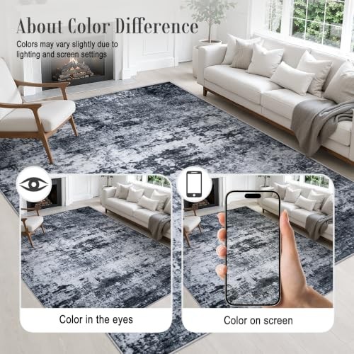 5×7 Area Rug Living Room: Modern Washable Indoor Carpet Black | For Bedroom