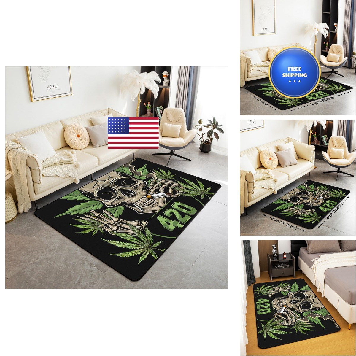Erosebridal Leaves Carpet Sugar Skull Area Rug 5X7 Skeleton Bones Living Room