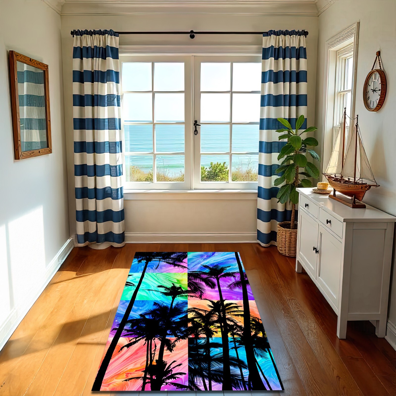 Palm Tree Themed Colorful Rug Nonslip Botanic Mat Coastal Nautical Carpet