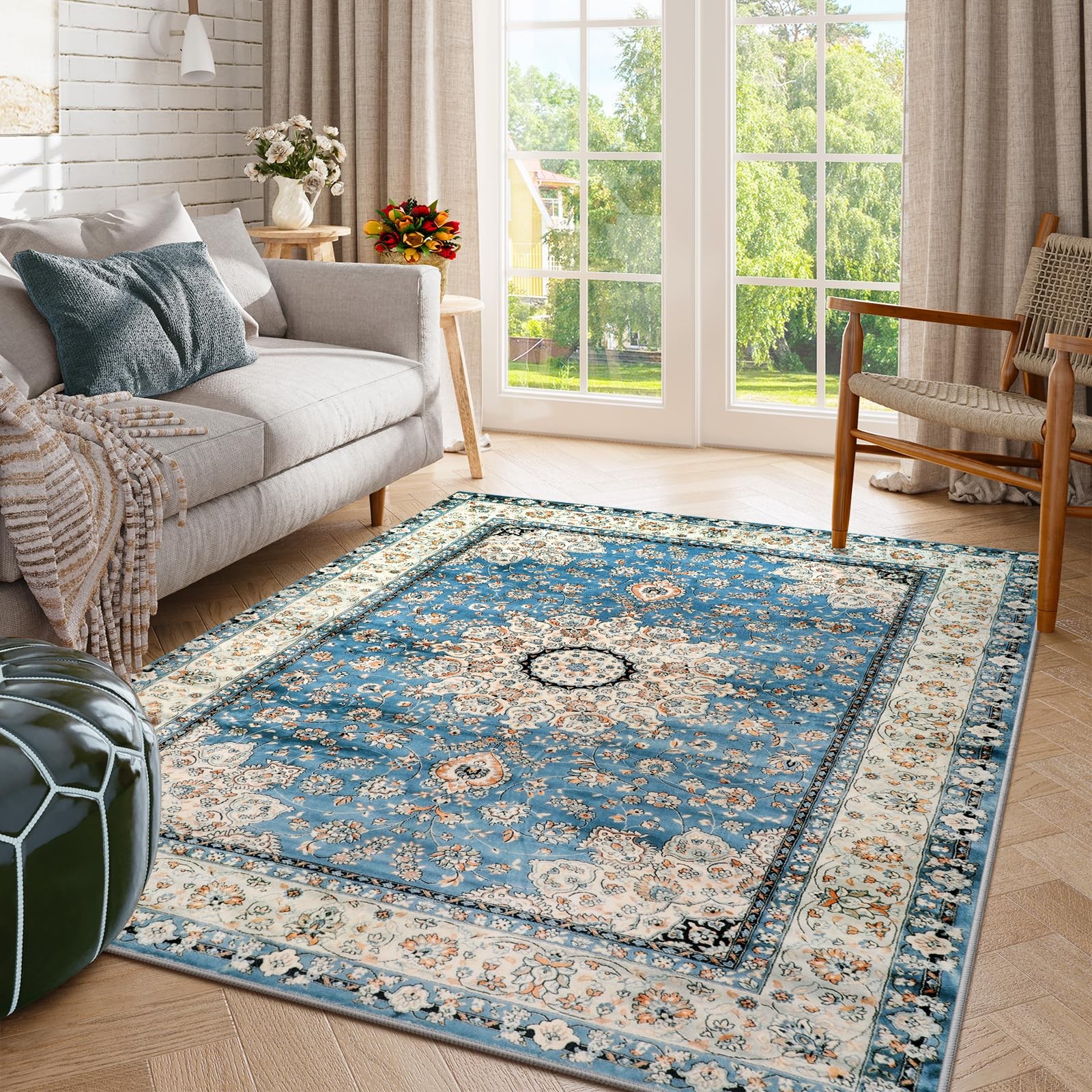 Felice Oriental Floral Medallion Area Rug – 5×7 Large Blue Distressed Living