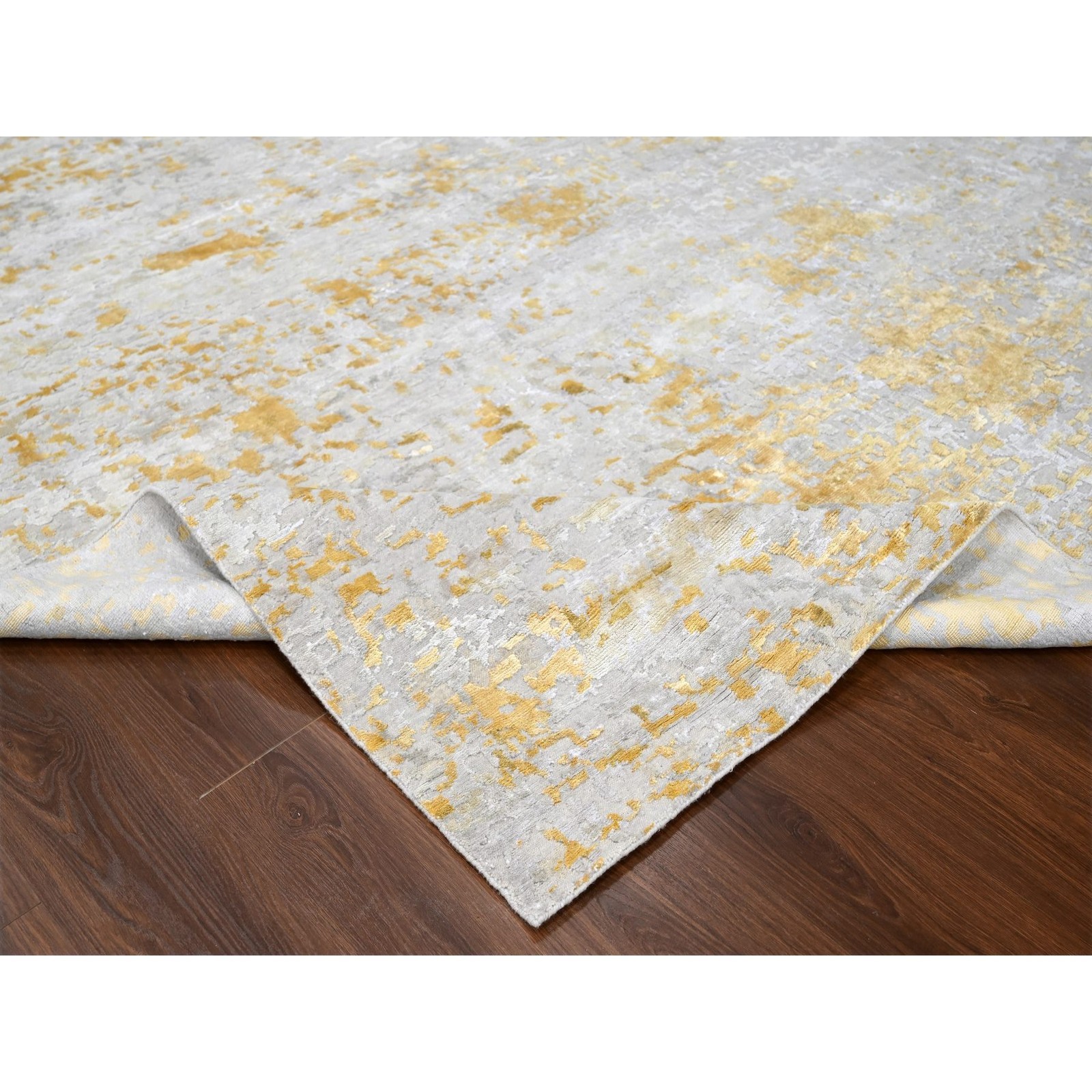 12’x14’9″ Beige Abstract Design Wool and Silk Hand Knotted Oversized Rug R10208