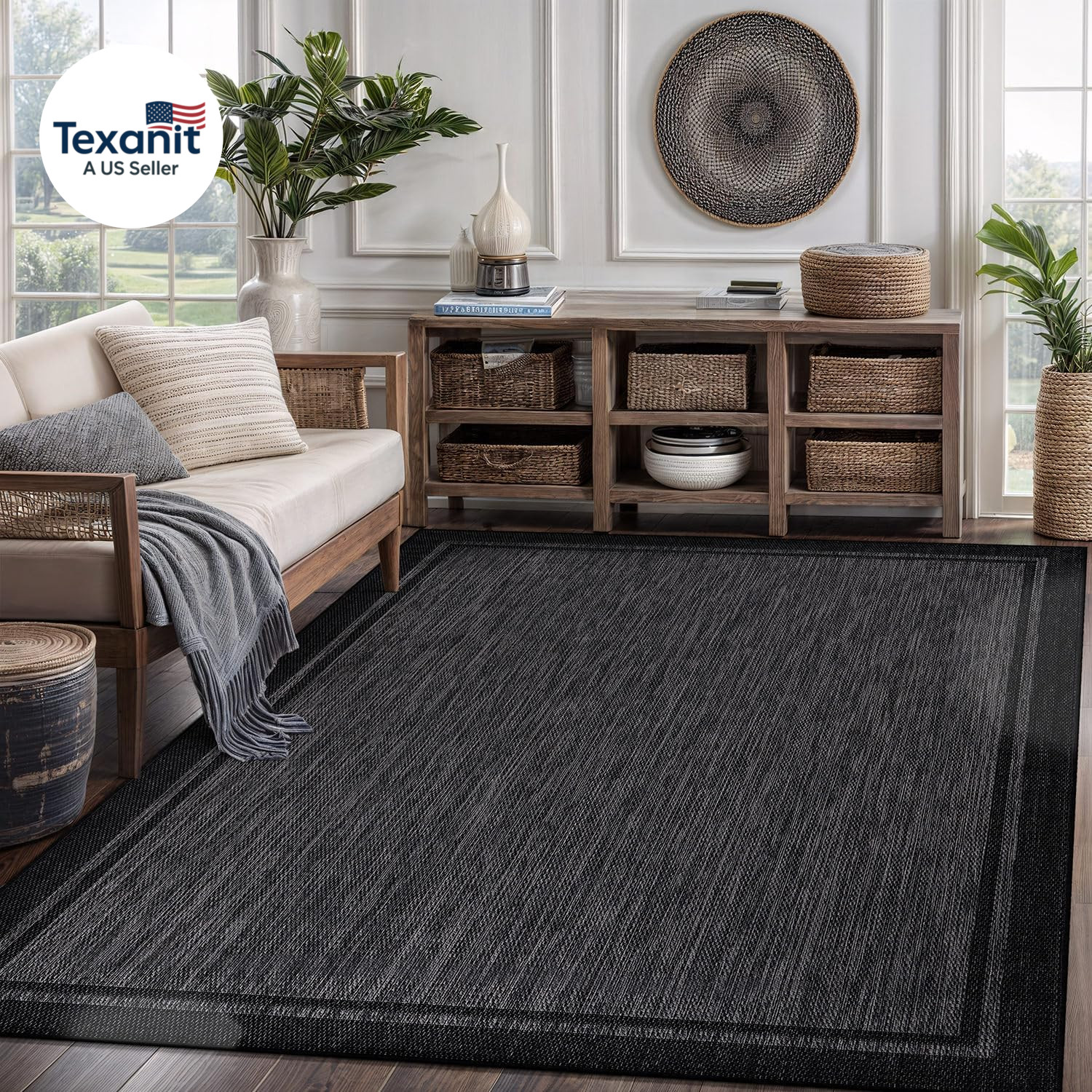 Indoor Outdoor Rug, 9X12 Bordered Dark Grey Black Modern Large Area Rugs for Ind