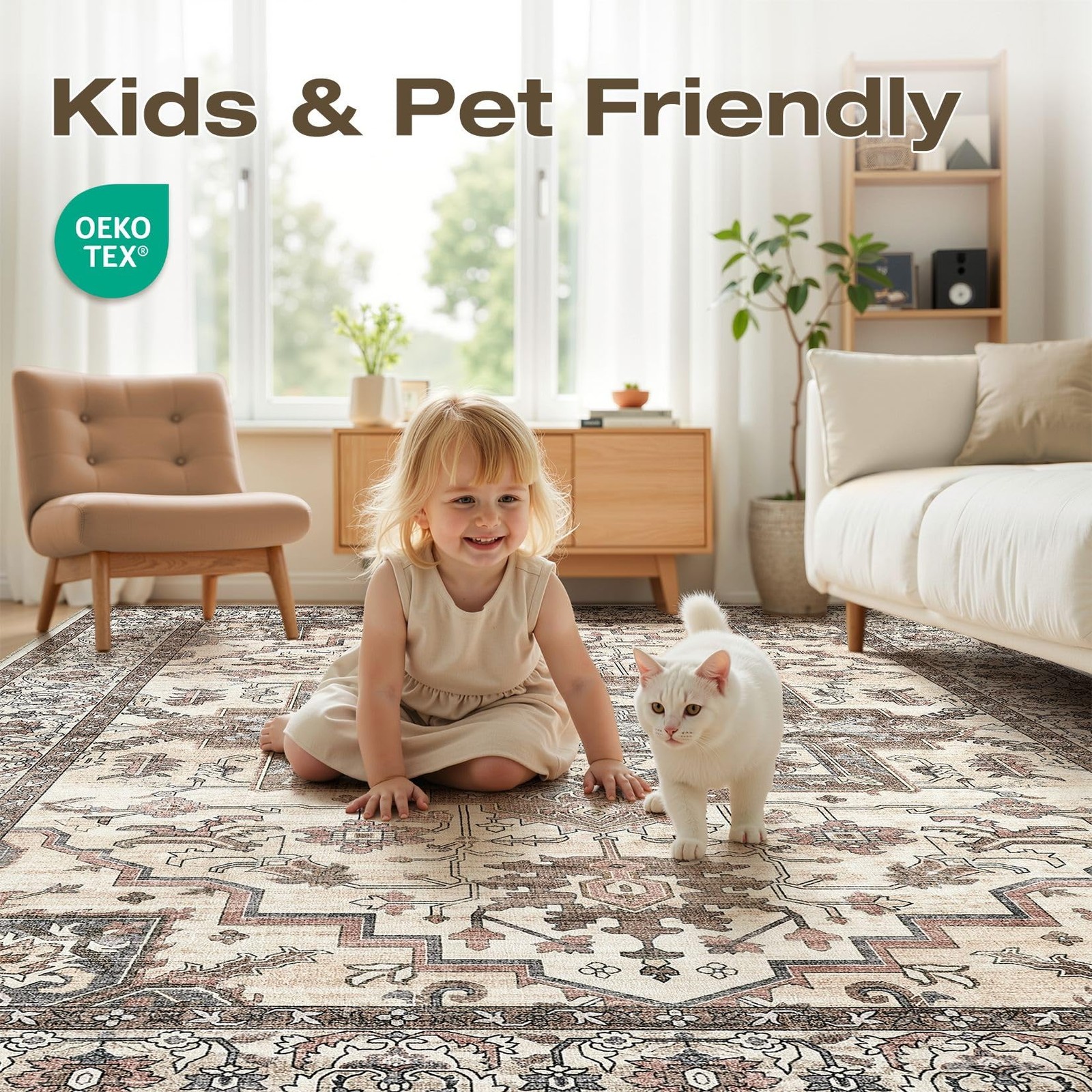 5×7 Area Rugs Living Room: Washable Vintage Rug Large Non-Slip Stain Resistan…