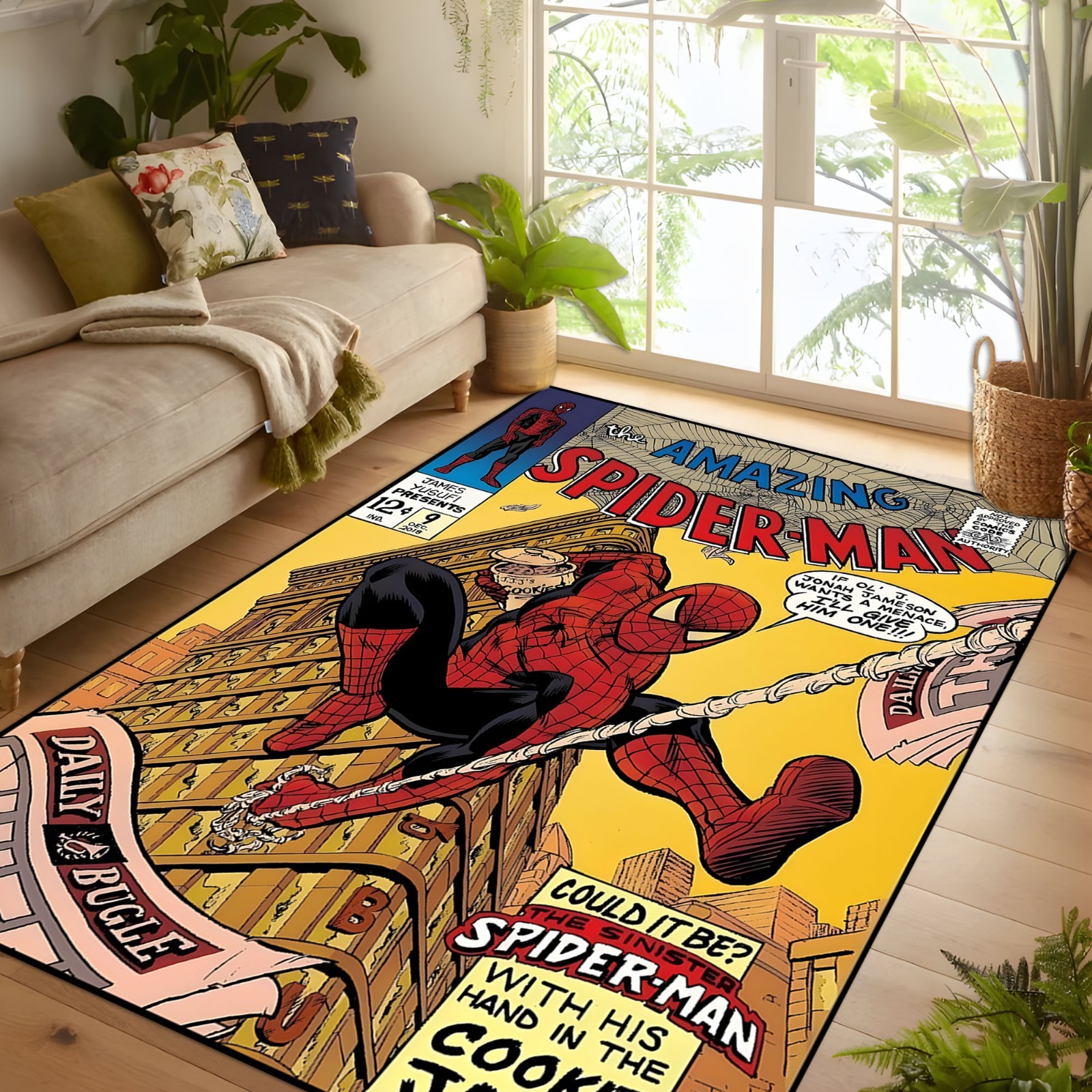 Spider Hero Rug, Red Yellow Comic Rug, Web Slinger Artwork,Retro Superhero Rugs