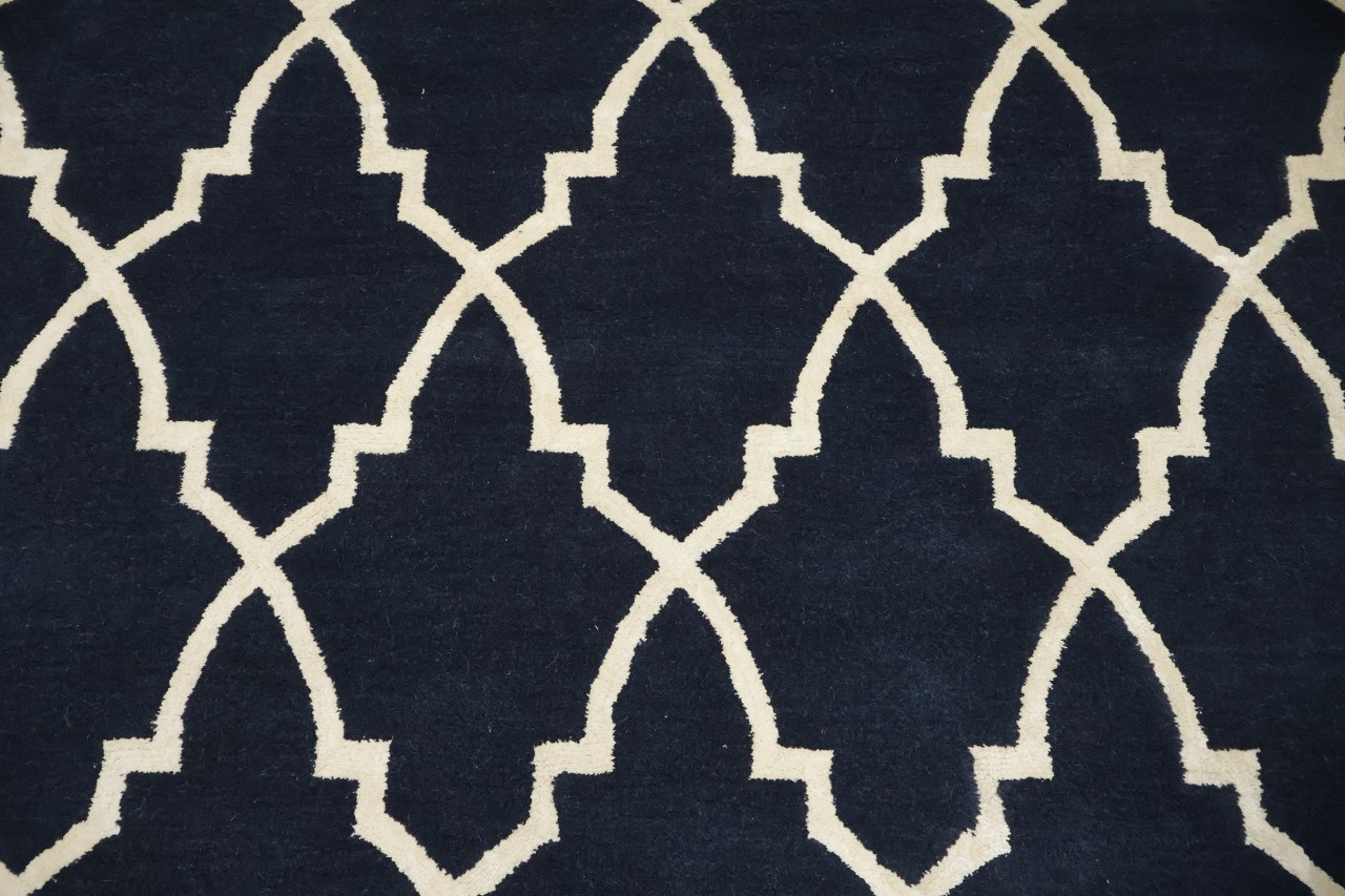 Modern Blue Area Rug 5×8 Bold White Geometric Lines Hand-Tufted Wool & Silk