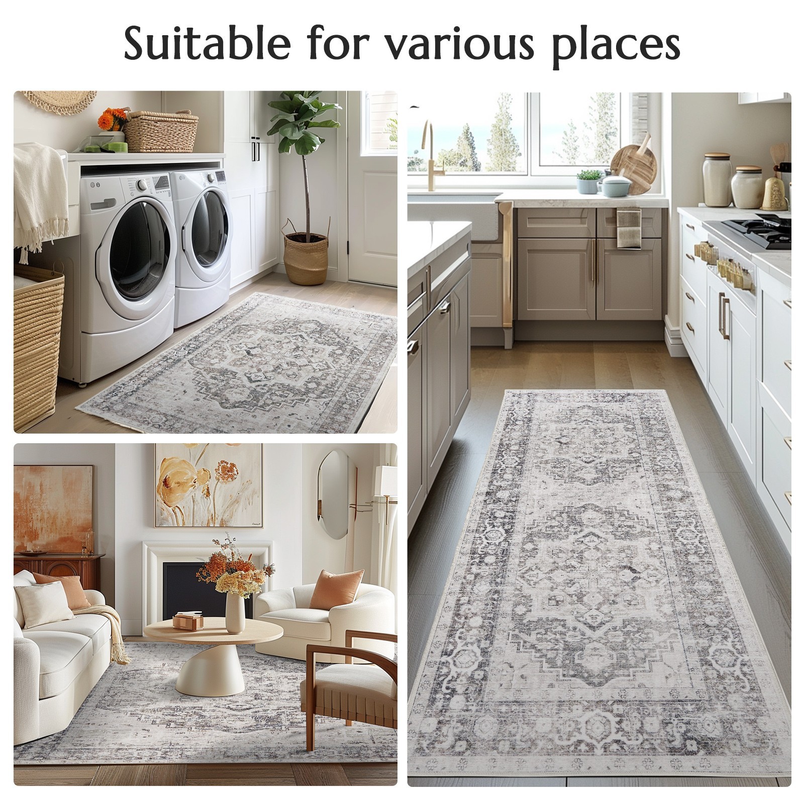 5×7 FT Washable Rug Hallway Rug Indoor Vintage Soft Runner Retro Carpet gray