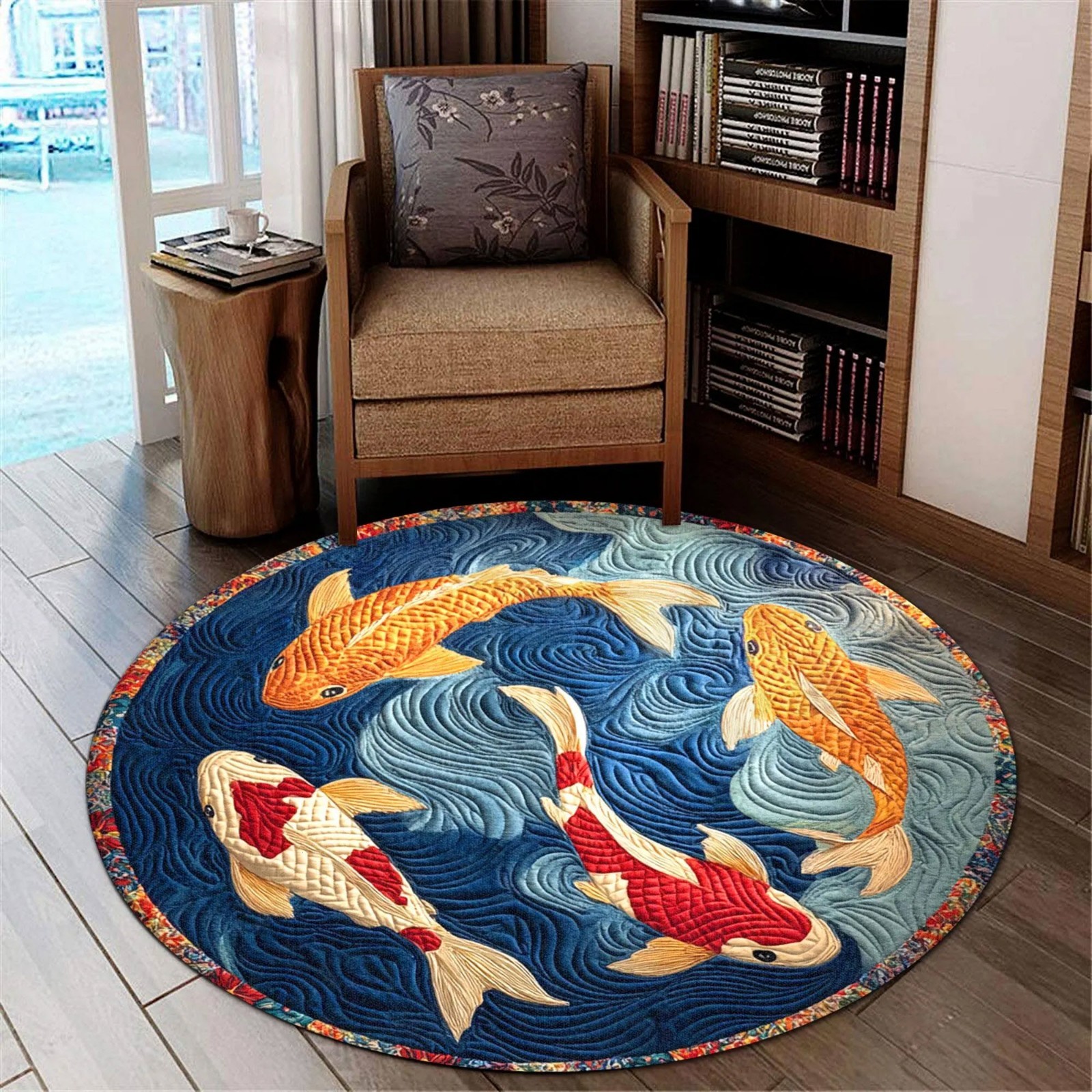 Koi Fish Round Rug Japanese Style Flannel Area Rug Water Wave Home Decor