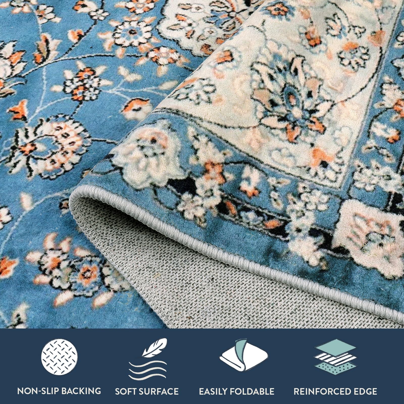 Felice Oriental Floral Medallion Area Rug – 5×7 Large Blue Distressed Living