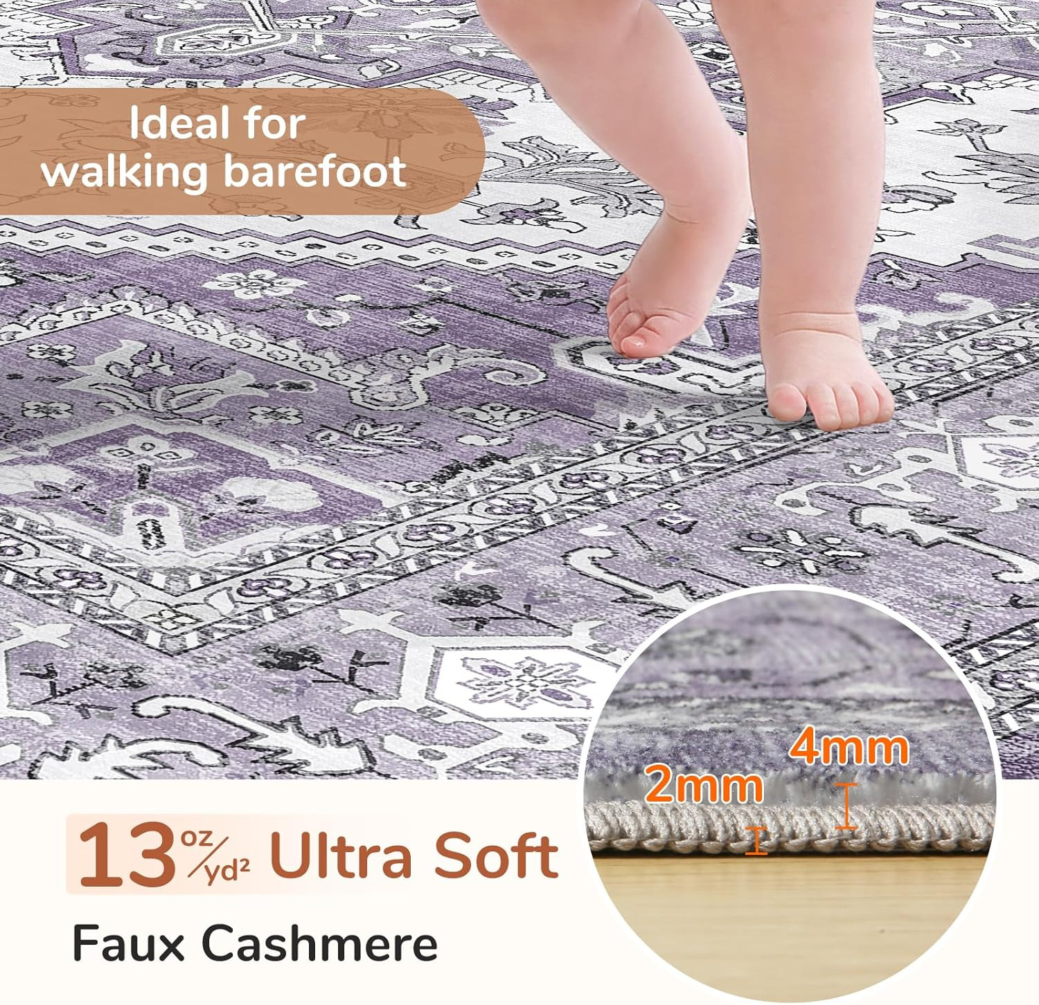 Plush 8X10 Purple Area Rug, Washable Non-Slip Faux Cashmere Carpet