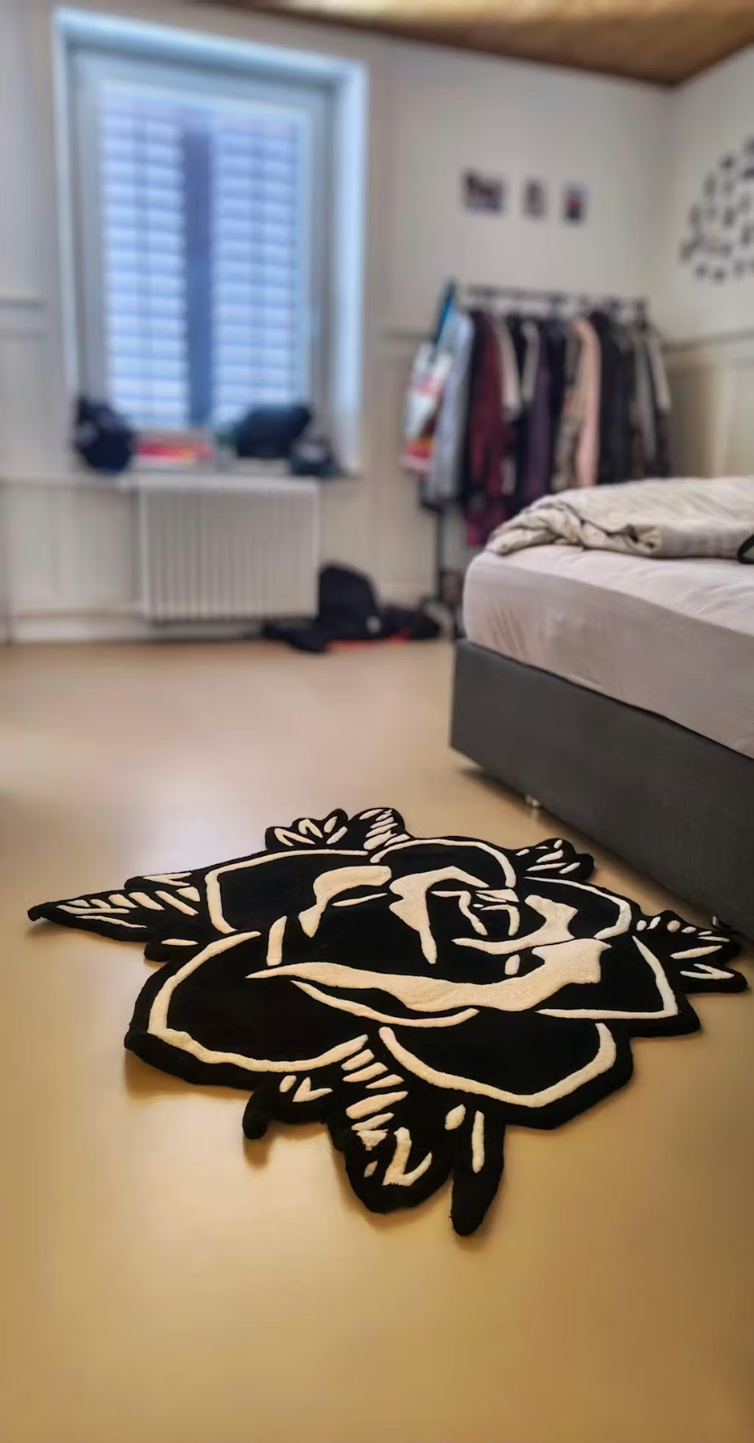 Blackwork Rose Tattoo Rug, Gothic Floral Decor, Hand Tufted Wool Area Rug