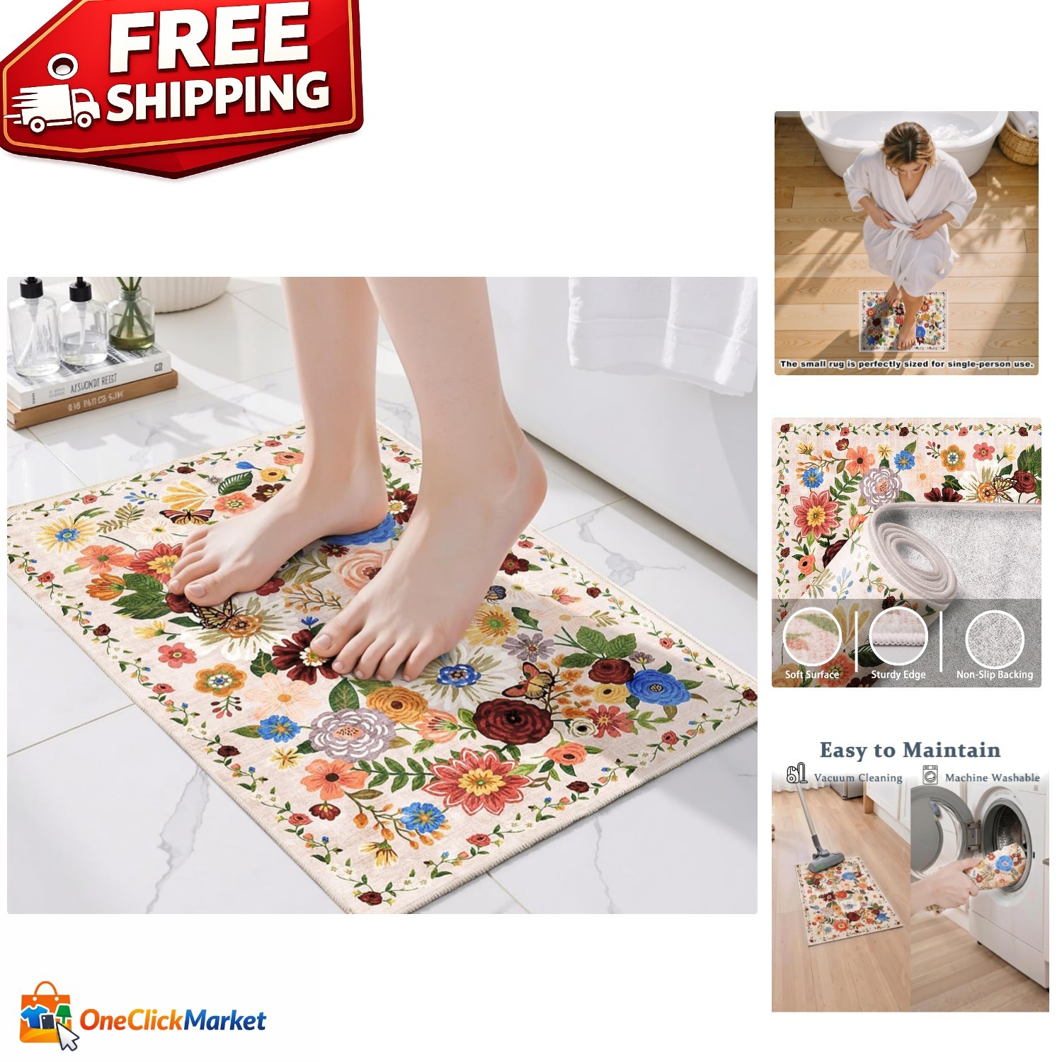 Blush Beige 24×17 Inch Bath Mat – Floral Non-Slip Rug for Elegant Spaces