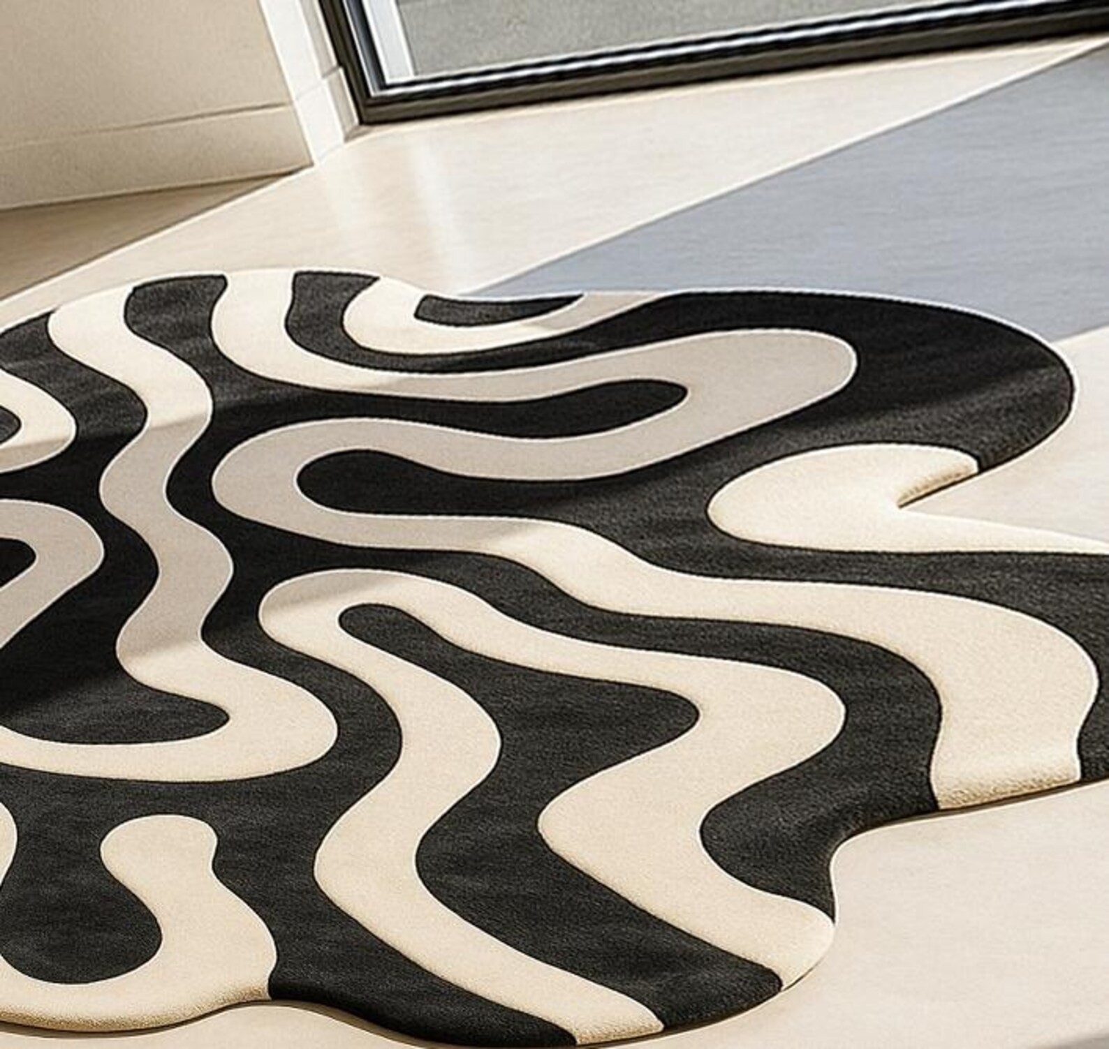 6×9|7×10 Hand Tufted New Zealand Wool Wavy Rug: Black & Cream Abstract Carpet