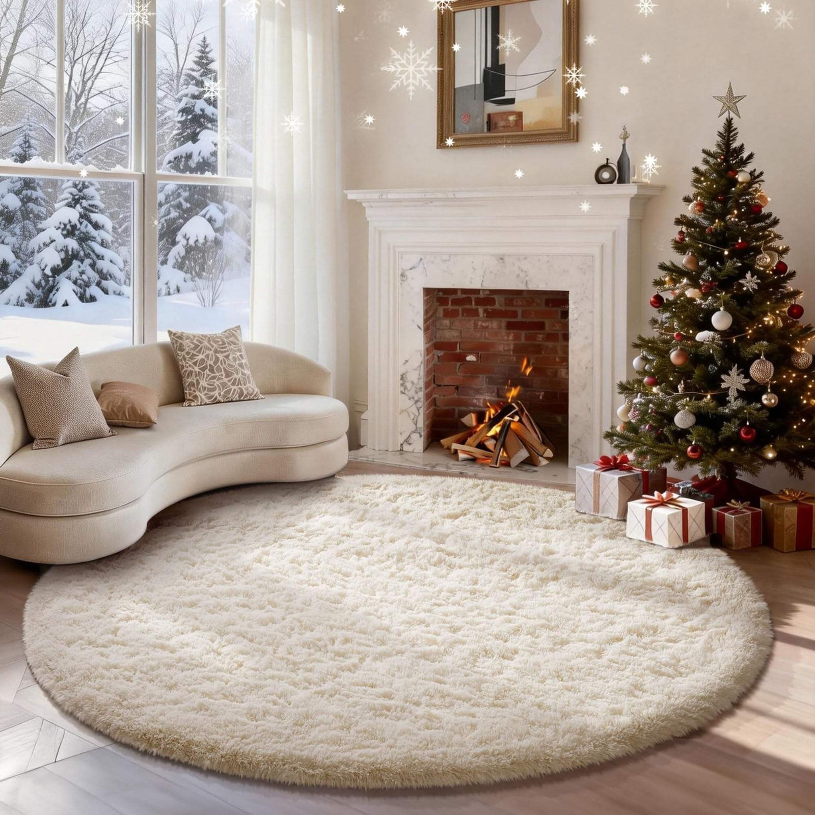 Ophanie 6ft Round Area Rug Plush Shag Circular Bedroom Nursery Rug Ivory Soft Fl