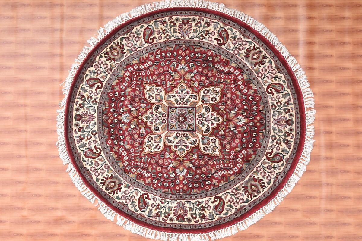 Red Round Rug Silk Carpet Rugs 4×4 Traditional Design Rug