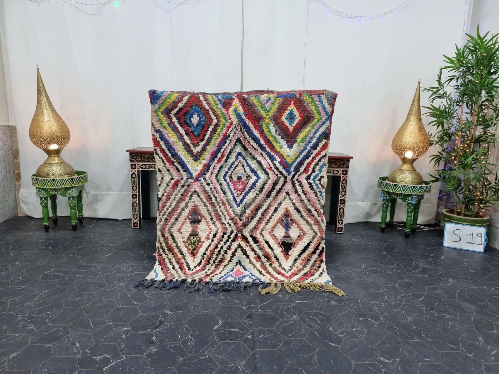 Moroccan Handmade Vintage Boucherouite Rug 3’5”x4’1” Geometric Pink Cotton Rug