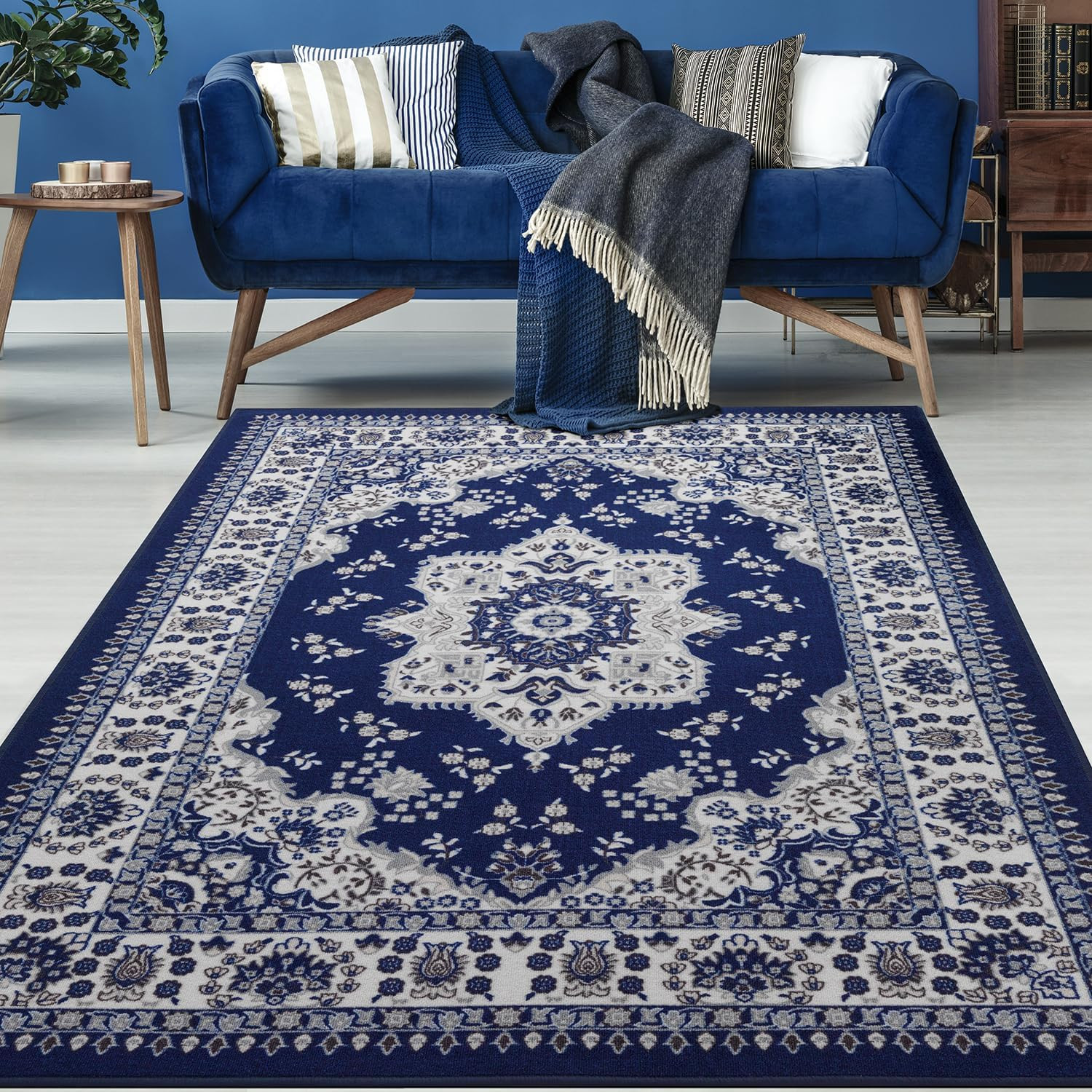 Navy Blue 3′ x 5′ Non-Slip Traditional Oriental Area Rug with Rubber Backing