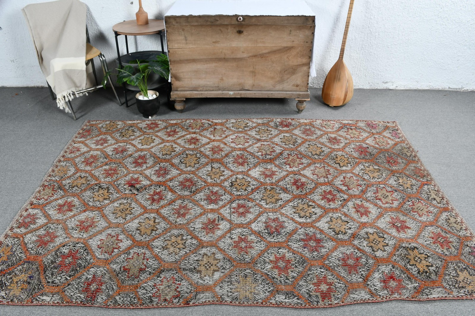 5,1×7,5 ft Area Turkish Rug, Orange Southwestern Vintage Rug