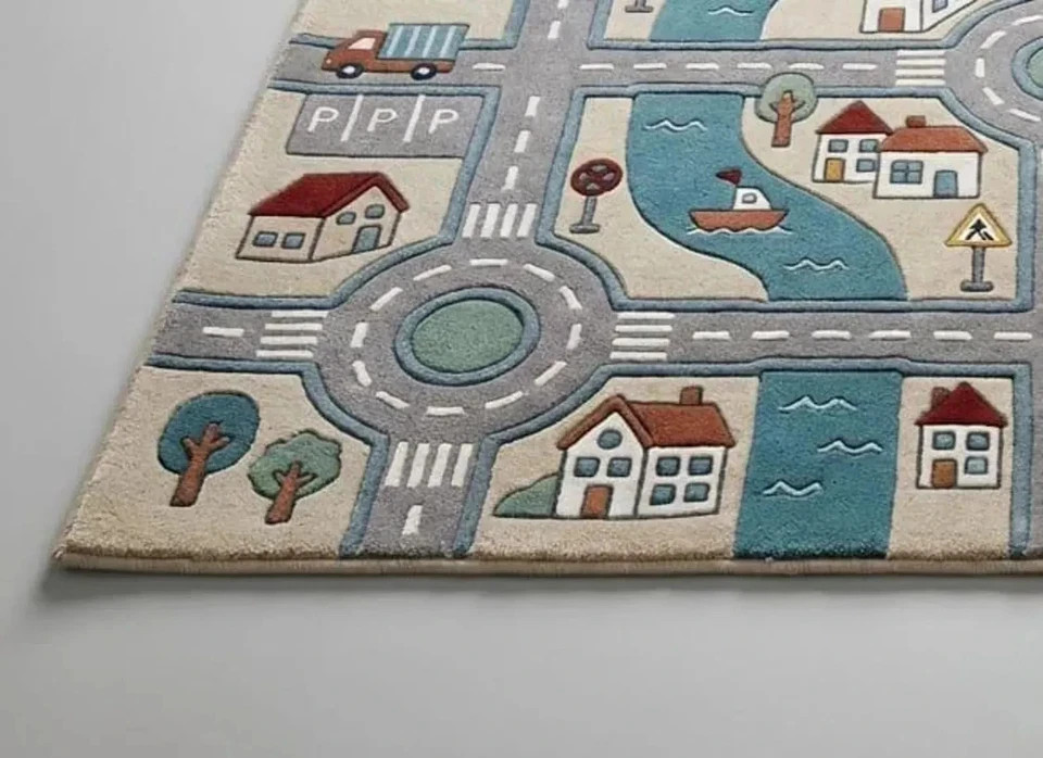 Kids City Road Play Rug | Hand Tufted Wool Playmat | Educational Car Track Rug
