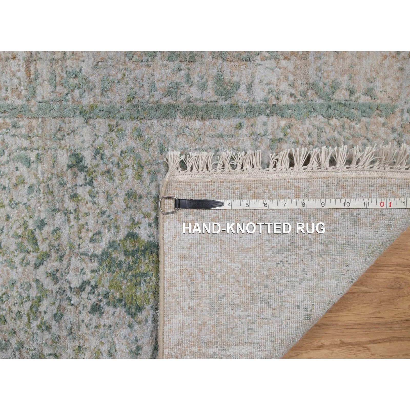 2’x3’1″ Silver-Green Erased Medallion Design Hand Knotted Wool and Silk Mat Rug