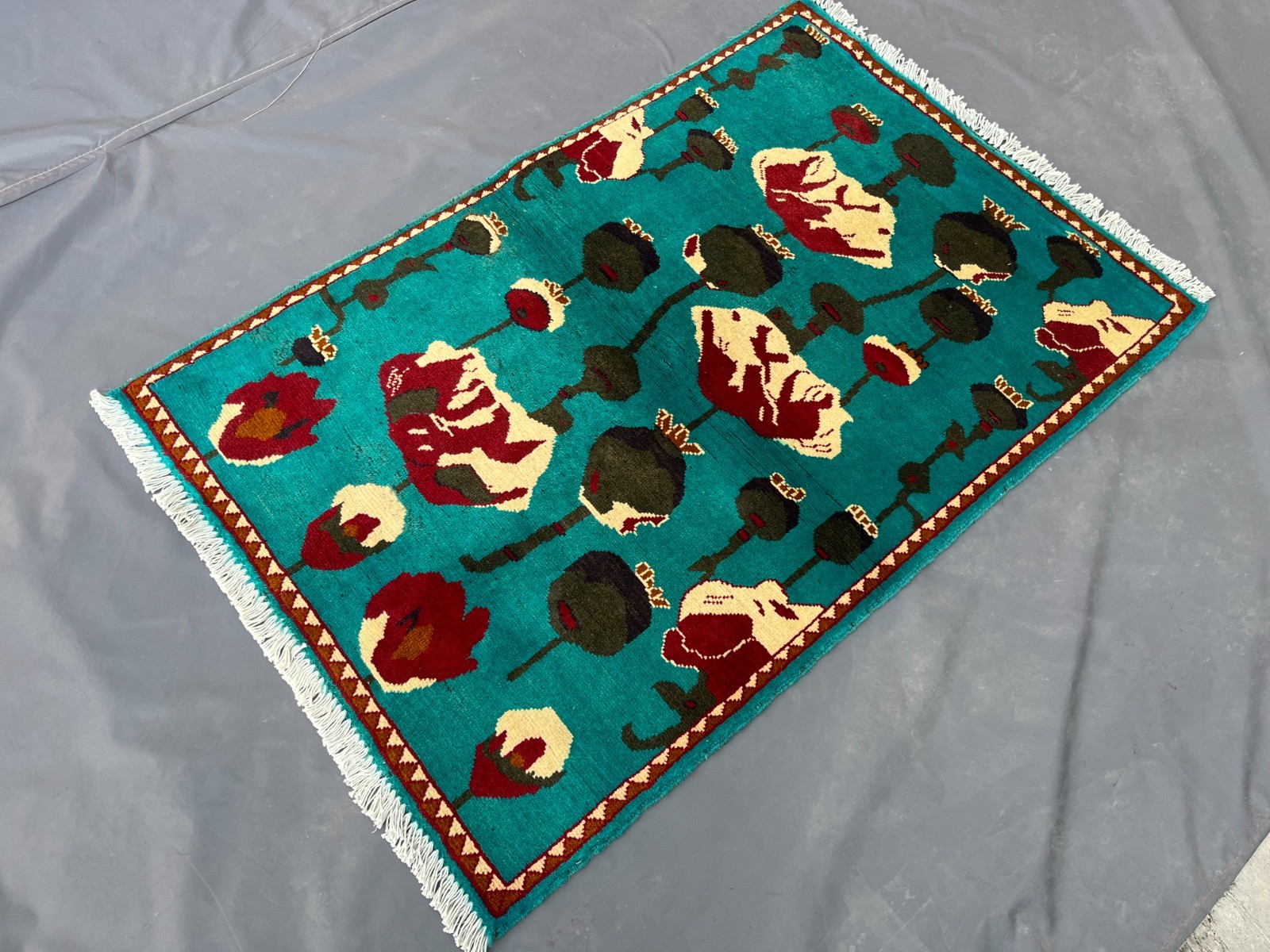 2’8 x 4 Ft Rare Afghan Opium Rug – Turquoise Field Tribal Pictorial Wool Carpet