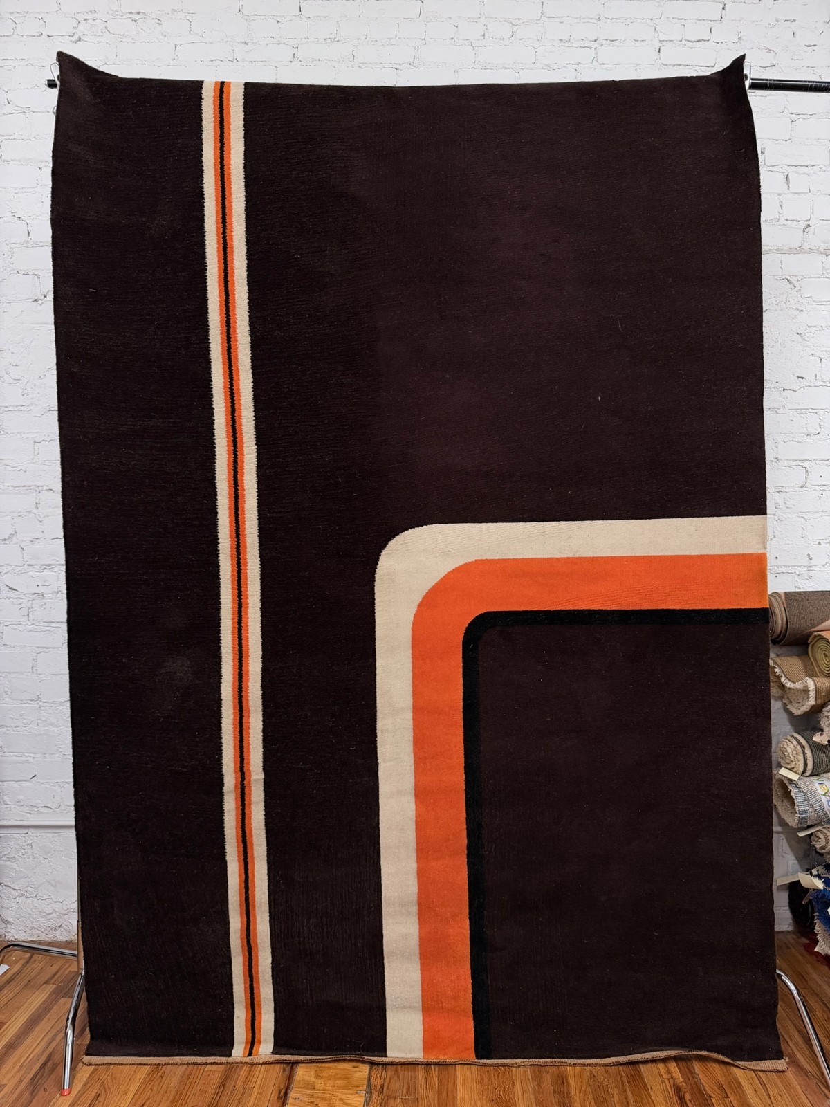 Institutional Du Tapis Black Long Striped UNUSED Rya Rug Modern Mid Century Wool