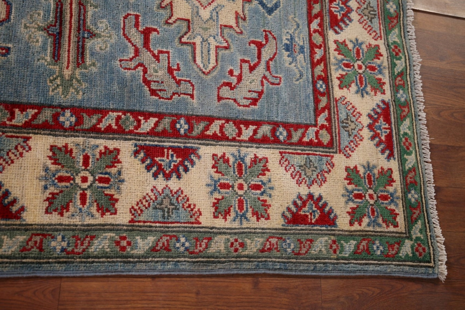 Vibrant Color Geometric Kazak Pakistani Traditional Rug Blue/ Ivory 4×6 ft