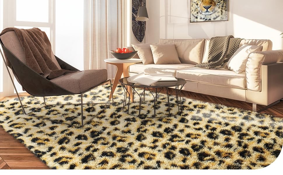 8×10 Fluffy Leopard Rug, 8 x 10 Feet Premium Cheetah Print Area Rugs, Soft Comfy
