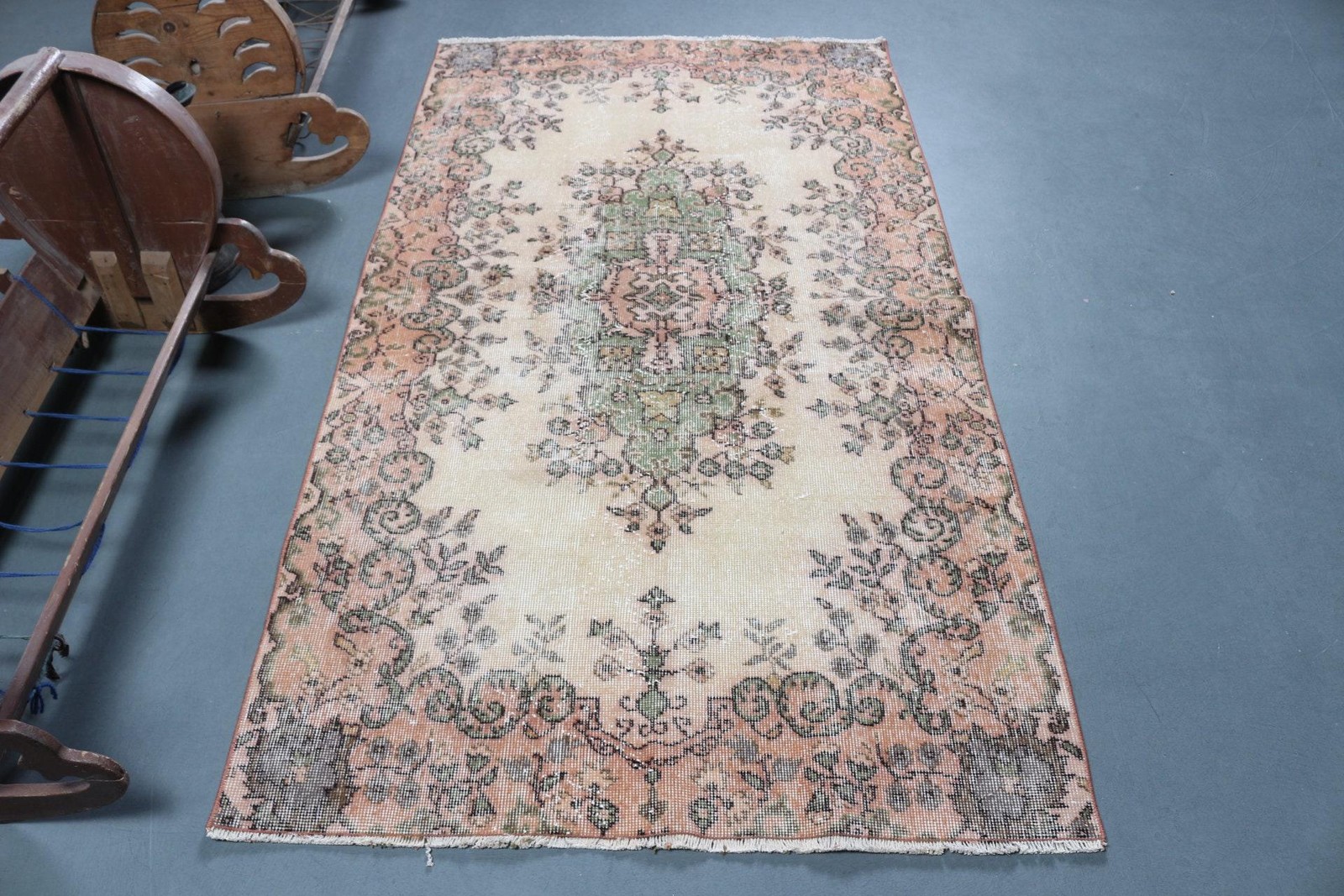 Vintage Rug, Area 3,7×6,8 ft Turkish Rug, Pink Striped Wool Rug