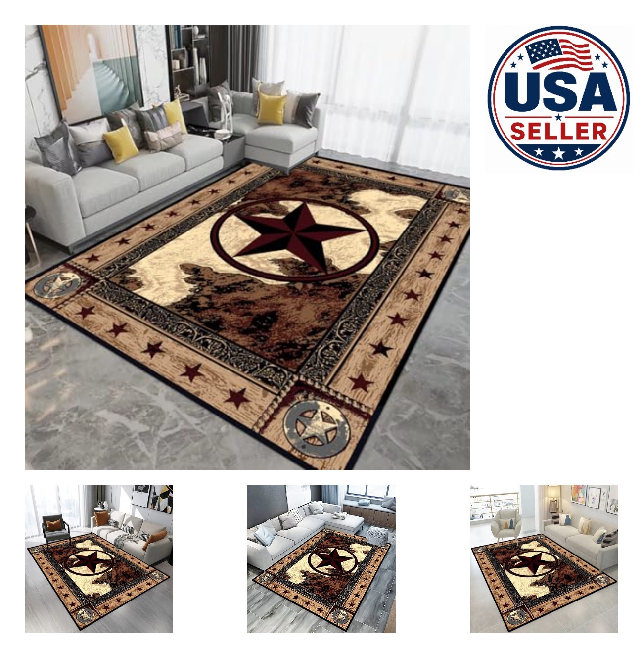 Rustic Western Texas Star Area Rug 5×7 Farmhouse Runner Non-Slip Machine