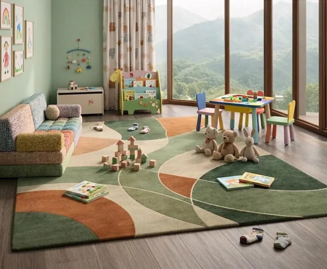Luxuriously soft wool Abstract Geometric Rug, Arched Curved Pattern, Green Rug.