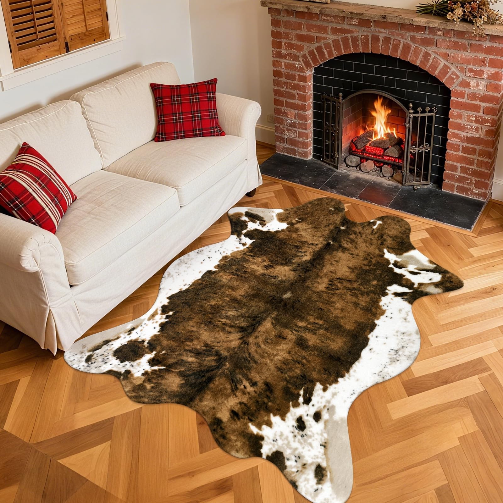Premium Faux Cowhide Leopard Animal Print Area Rug Washable Brown 4.6×5.2 FT