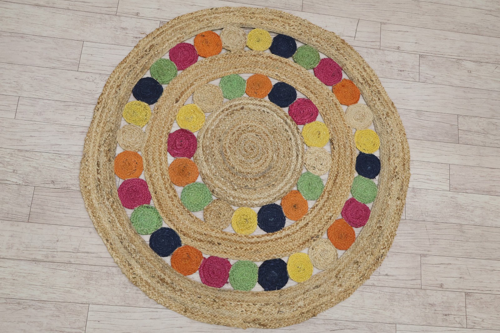 3×3 ft Round Jute Rug, Multicolor Braided Handmade Natural Fiber Carpet, Living