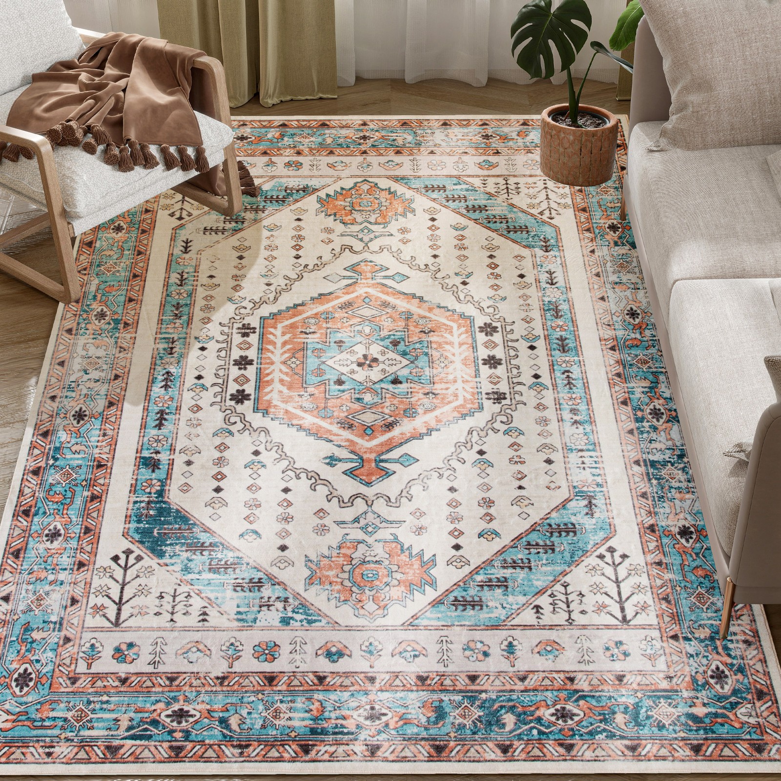 HOMCOM 5×7 Vintage Area Rug, Washable Carpet for Bedroom, Brown Blue,Used